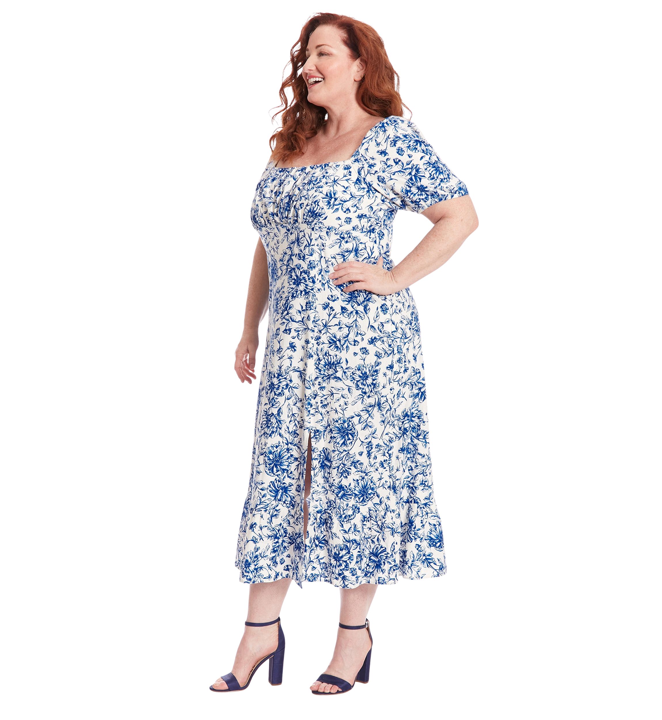 Plus Size Printed Linen Puff Sleeve Ruched Empire Smocked Back Midi Dress