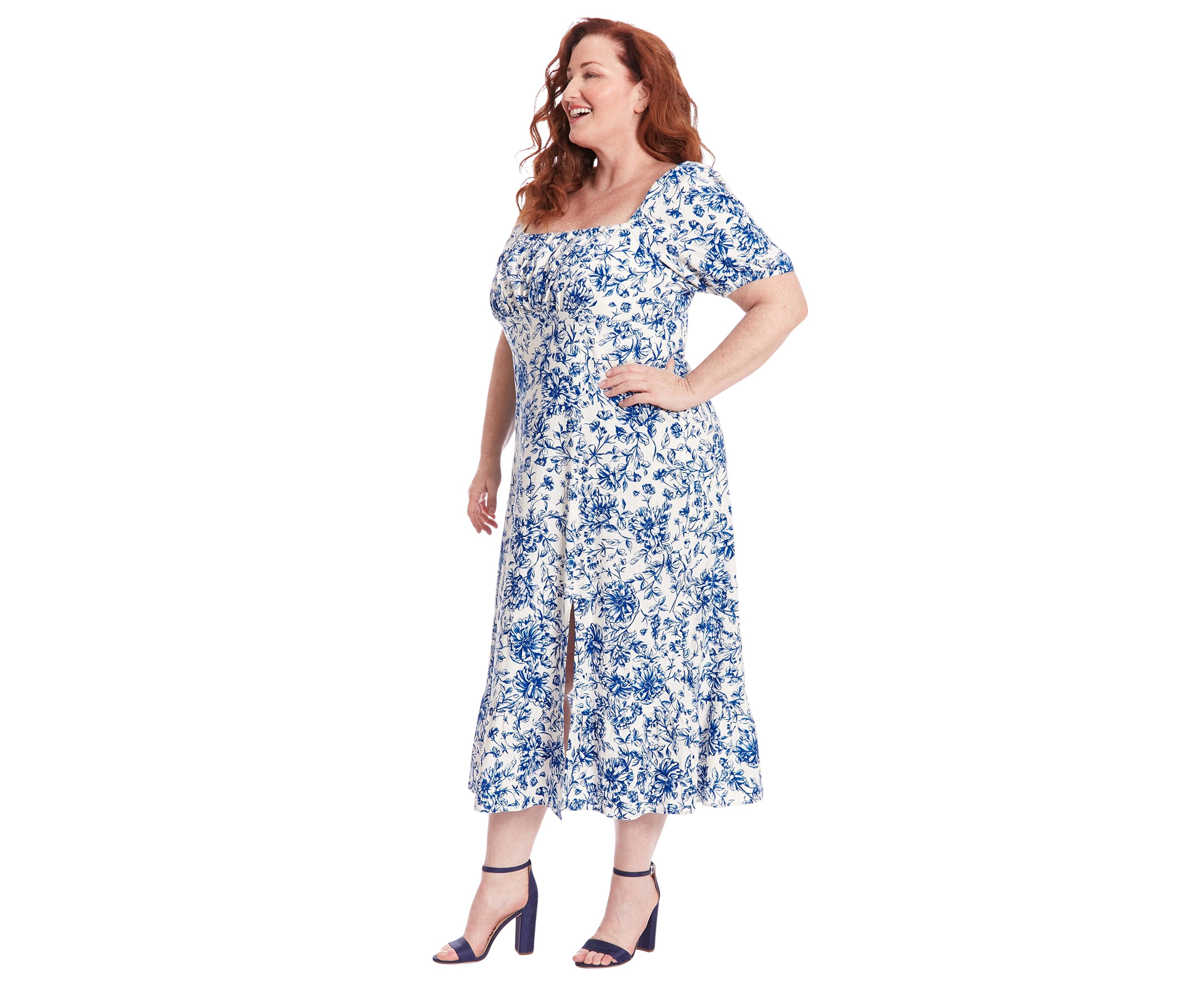 Plus Size Printed Linen Puff Sleeve Ruched Empire Smocked Back Midi Dress