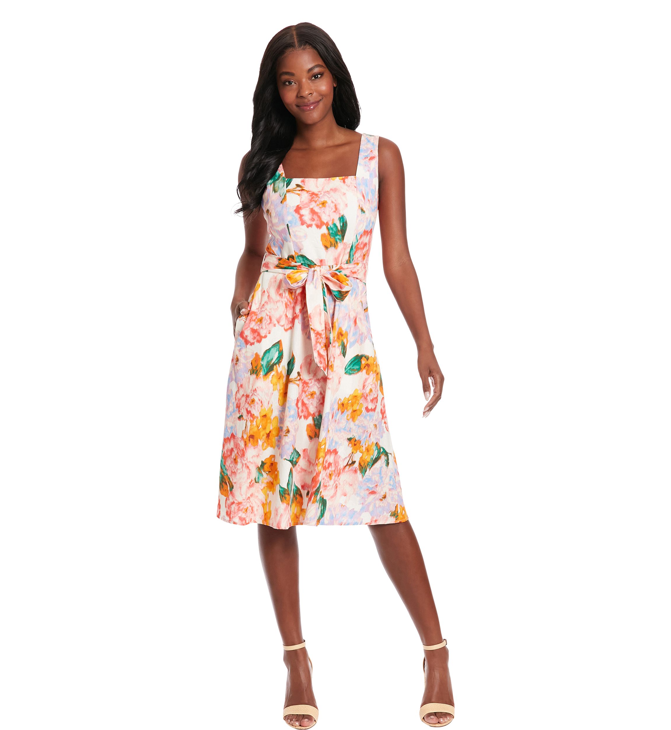Square Neck Fit And Flare Dress with Sash