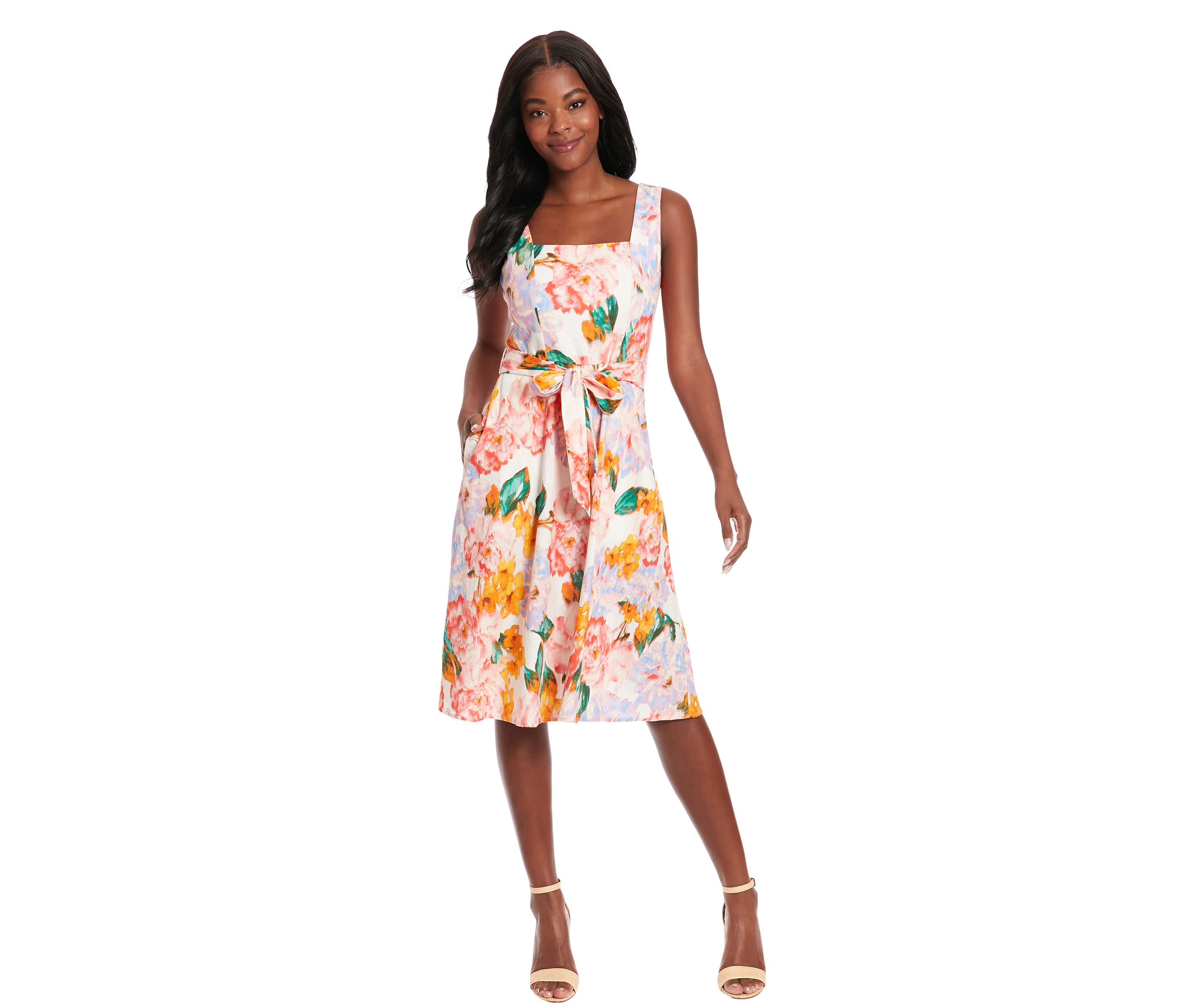 Square Neck Fit And Flare Dress with Sash