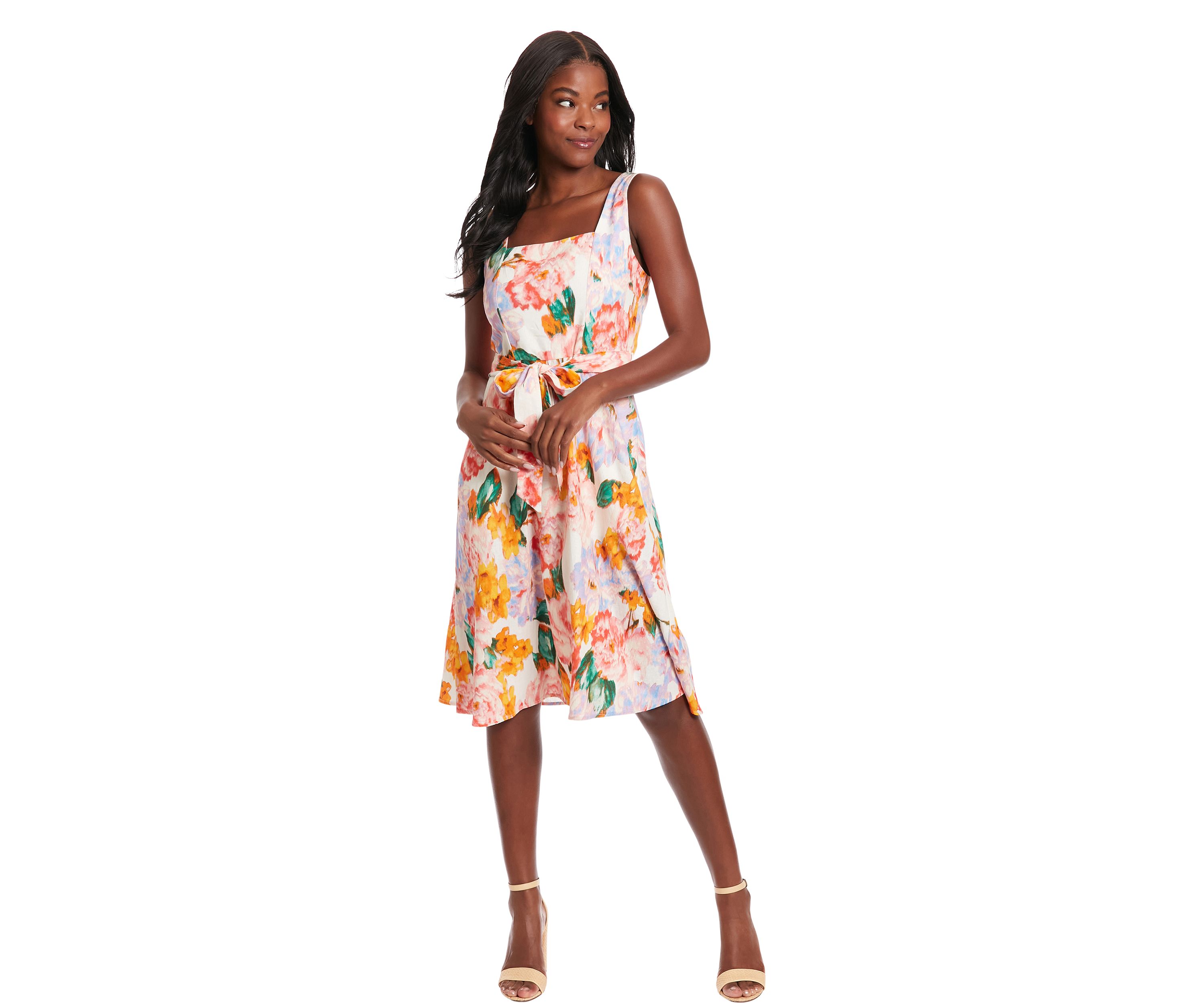Square Neck Fit And Flare Dress with Sash