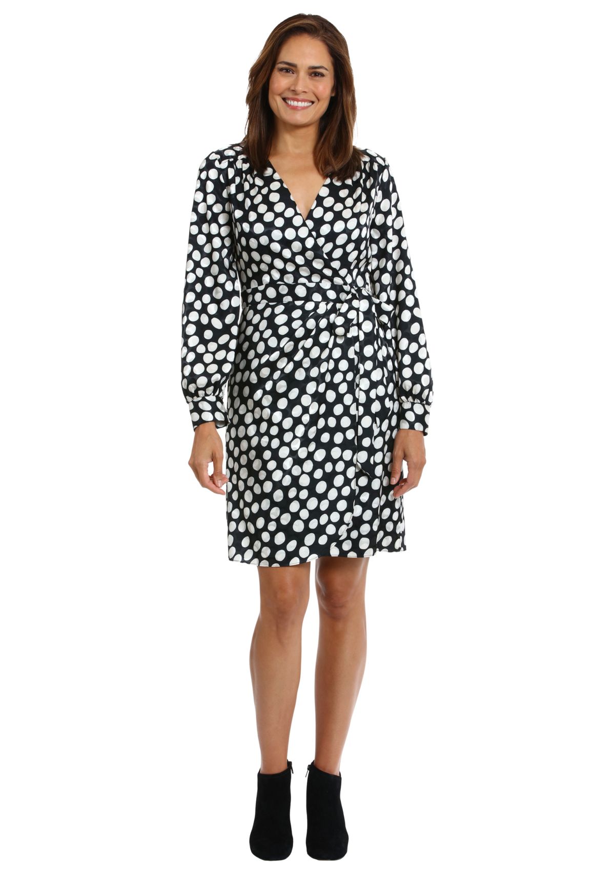 Womens Long Sleeve V-Neck Surplice Dot Print Fit and Flare Dress