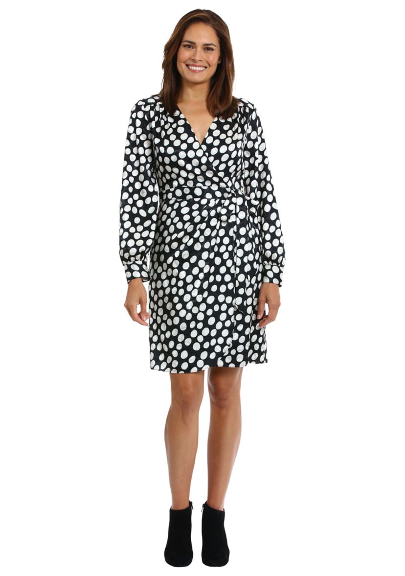 Womens Long Sleeve V-Neck Surplice Dot Print Fit and Flare Dress