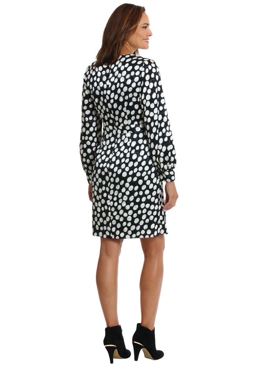 Womens Long Sleeve V-Neck Surplice Dot Print Fit and Flare Dress