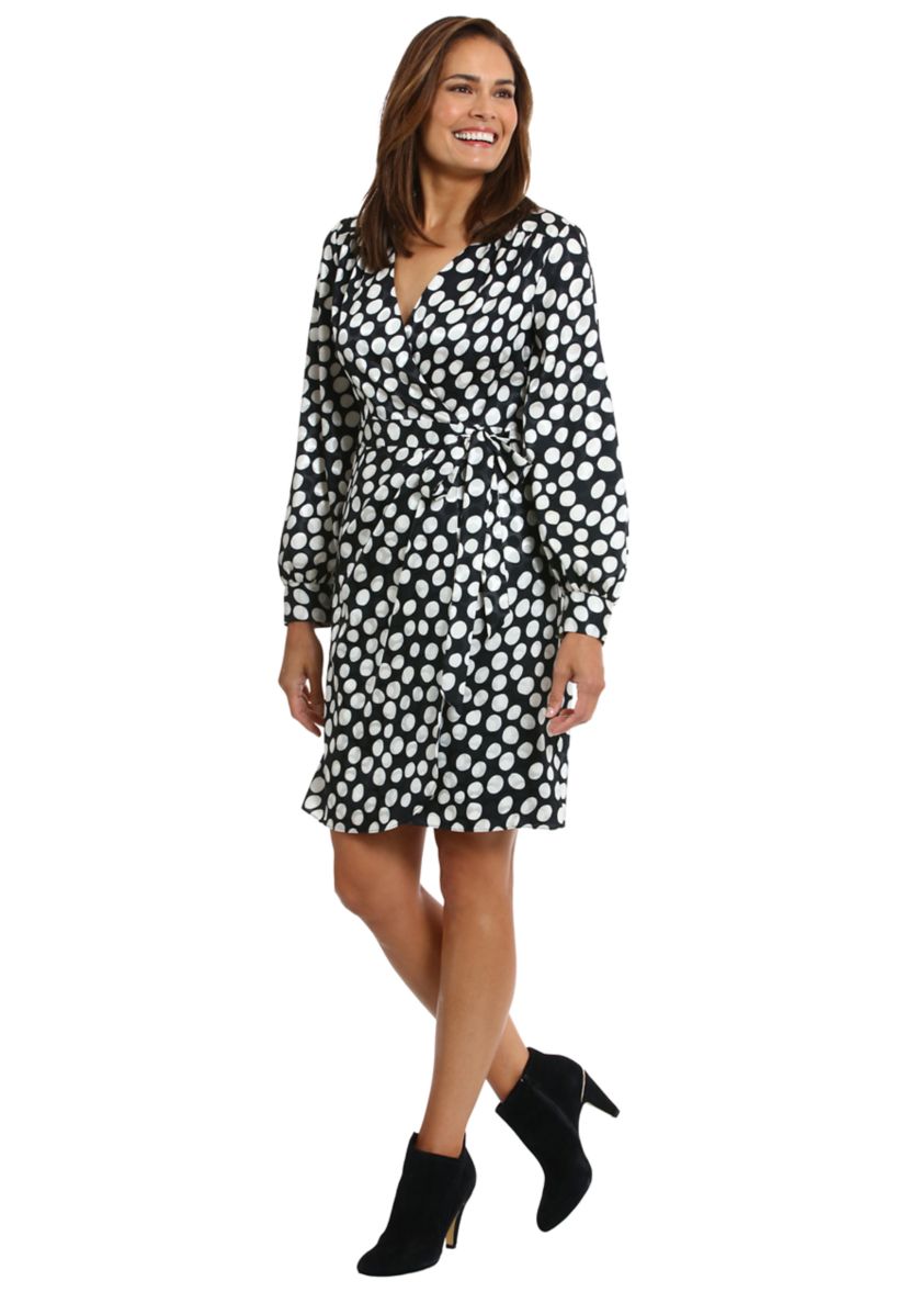 Womens Long Sleeve V-Neck Surplice Dot Print Fit and Flare Dress