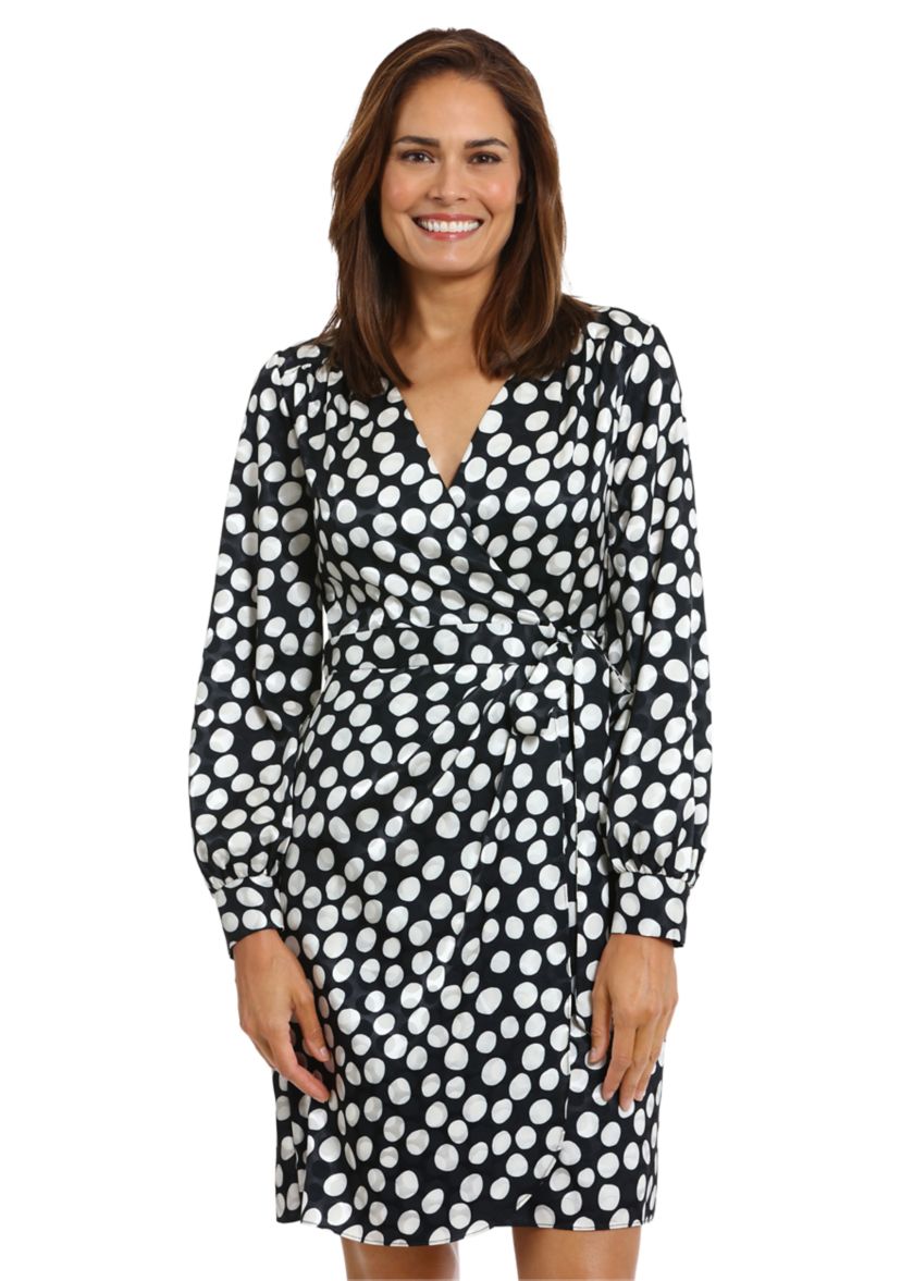 Womens Long Sleeve V-Neck Surplice Dot Print Fit and Flare Dress