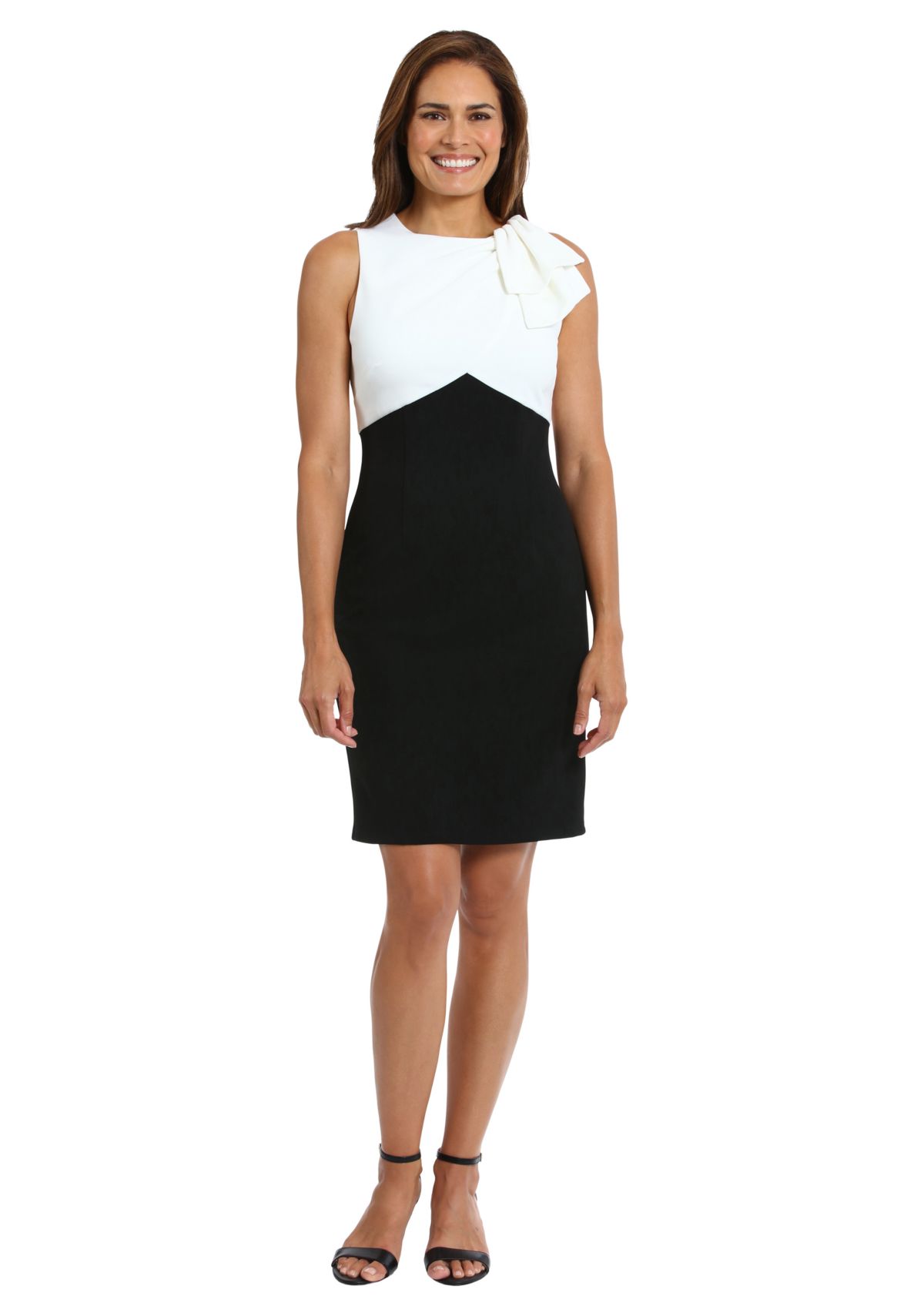 Womens Sleeveless Bow Neck Color Block Sheath Dress