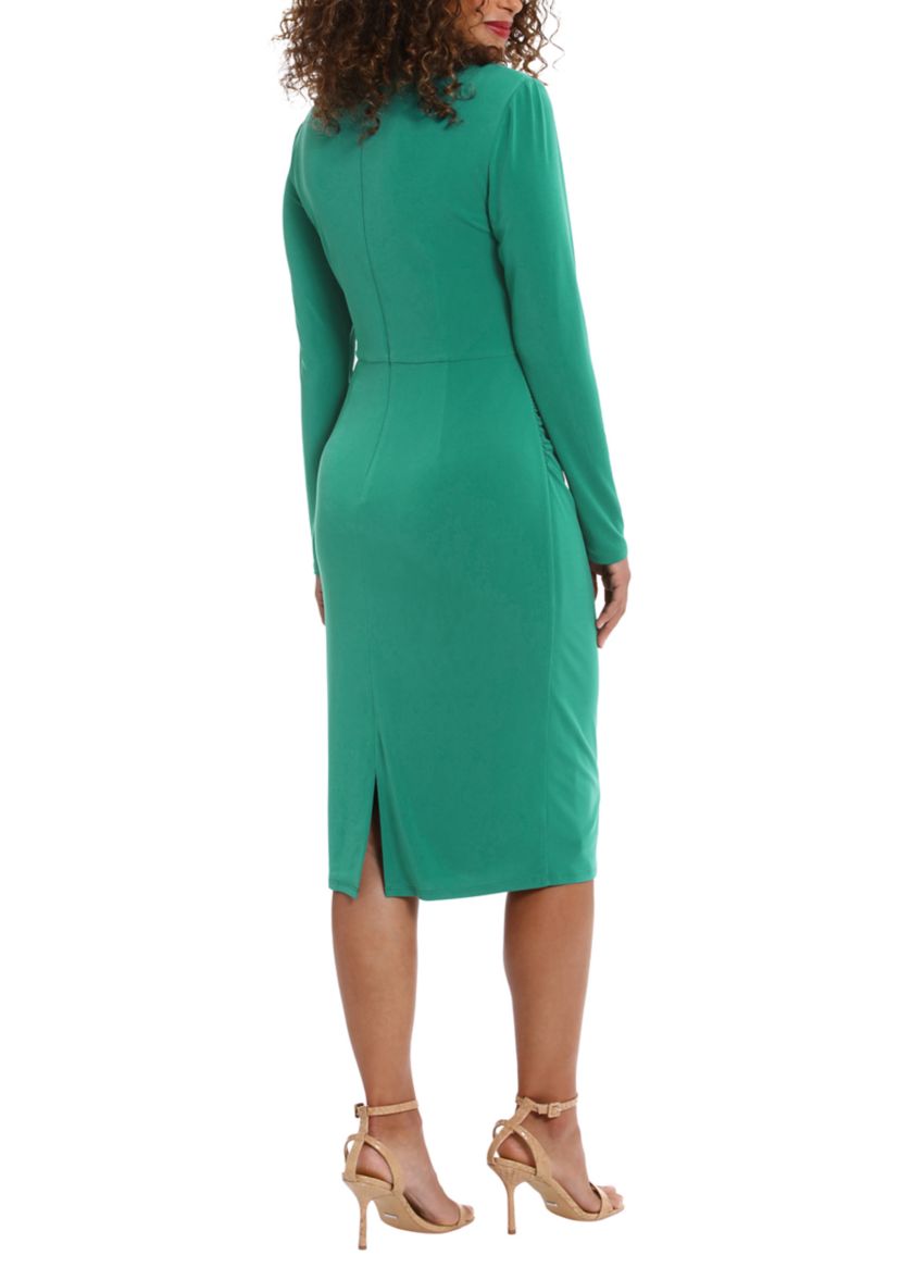 Womens Long Sleeve Solid Side Ruched Sheath Dress