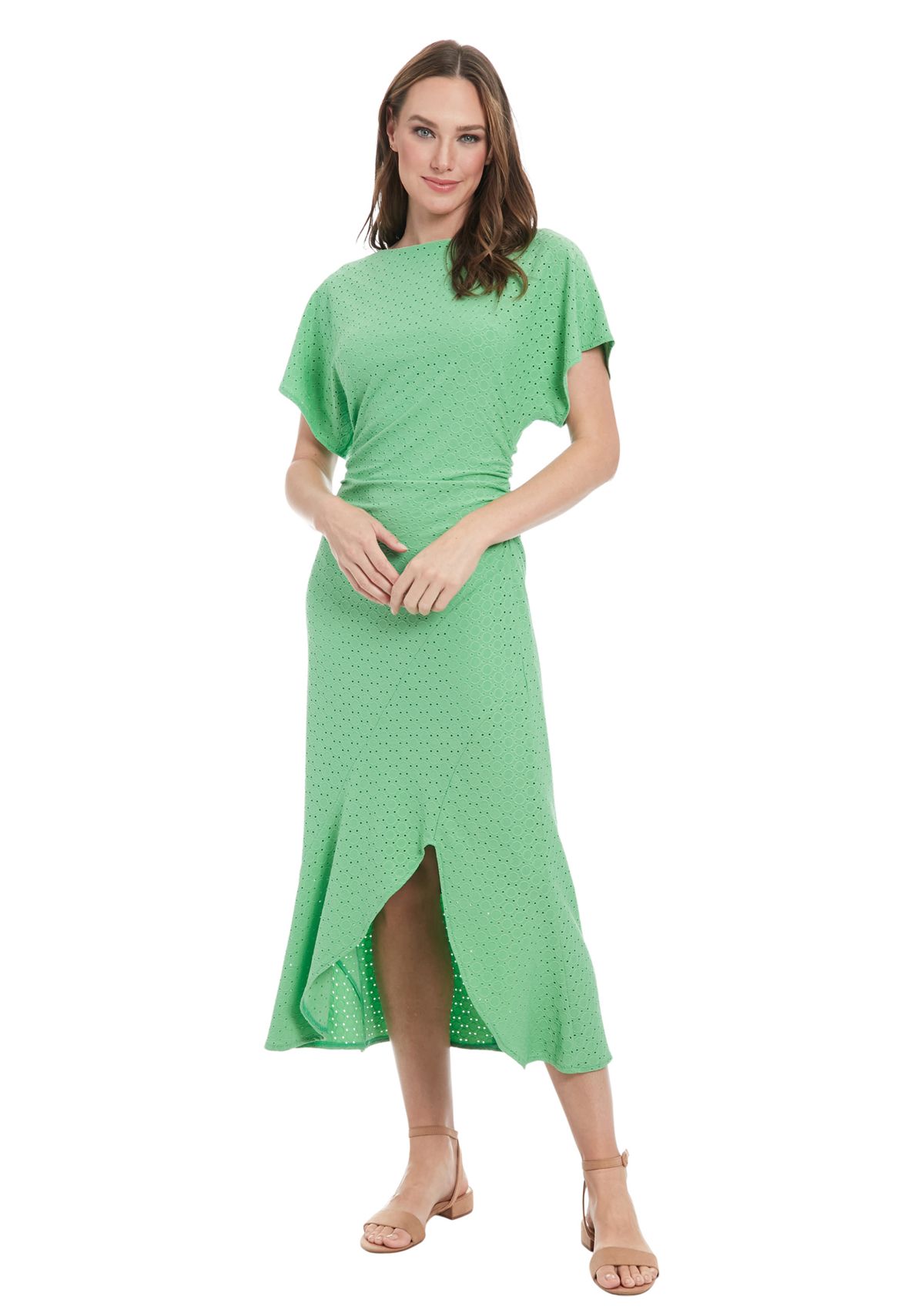 Womens Short Sleeve Crew Neck Eyelet Midi Dress 