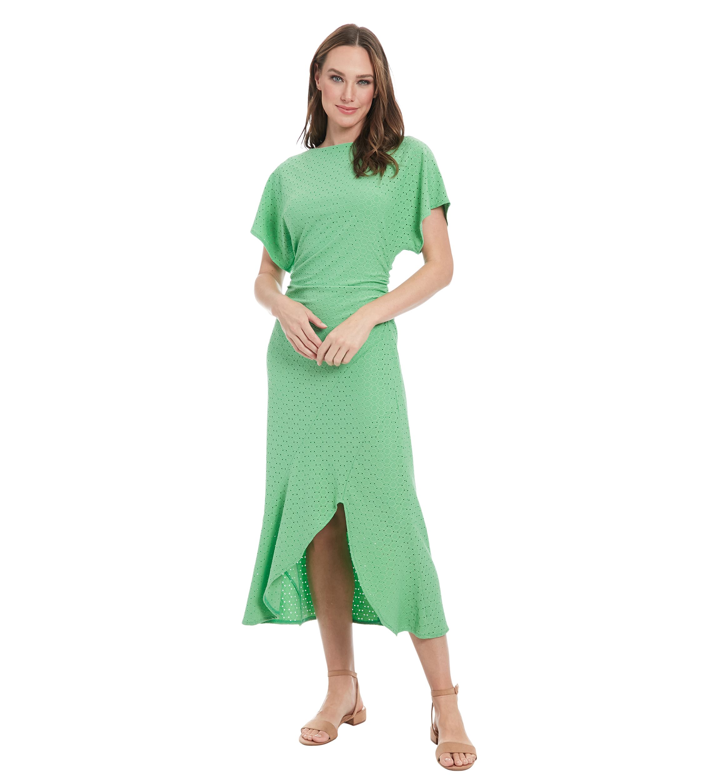 Womens Short Sleeve Crew Neck Eyelet Midi Dress 