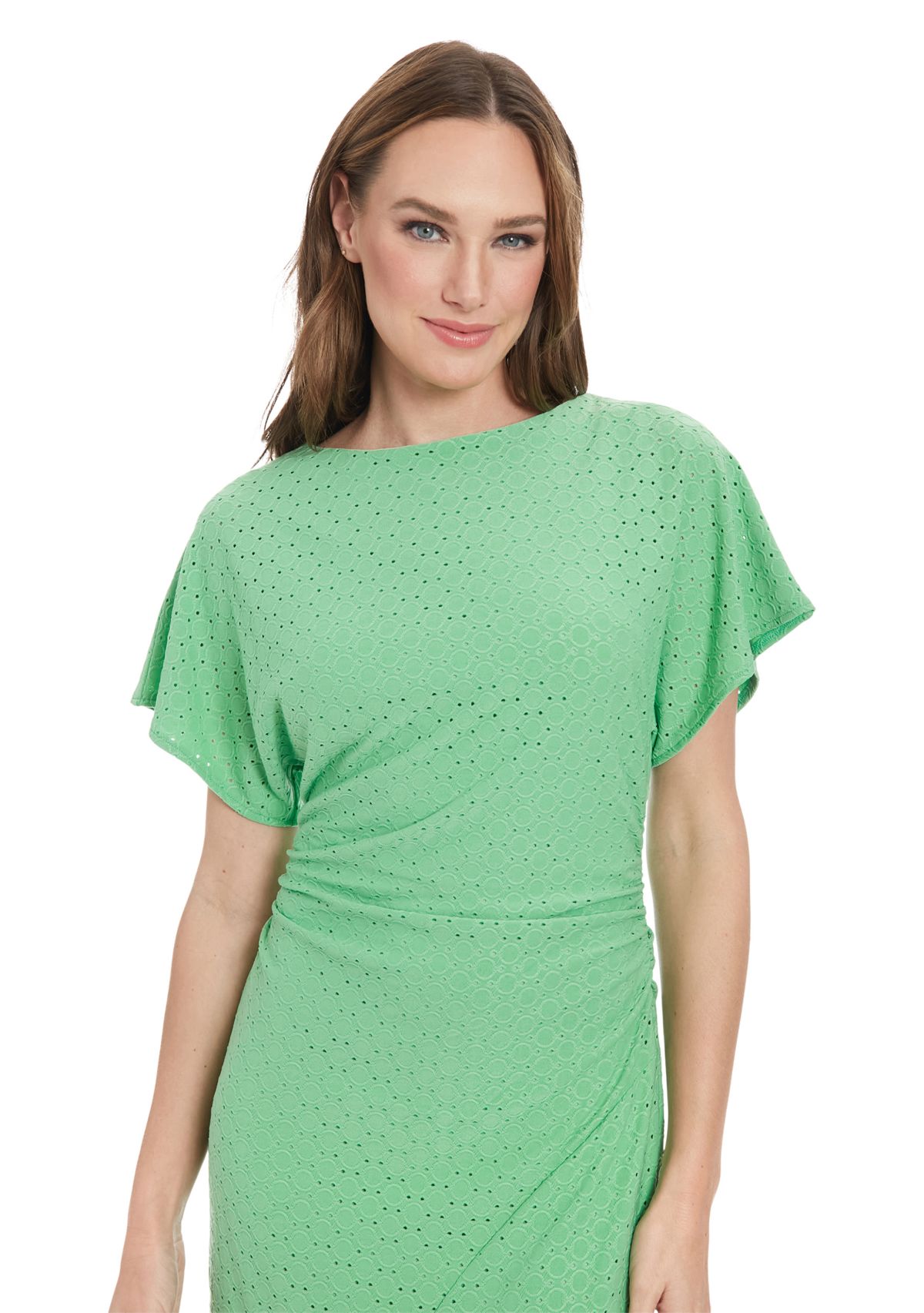 Womens Short Sleeve Crew Neck Eyelet Midi Dress 