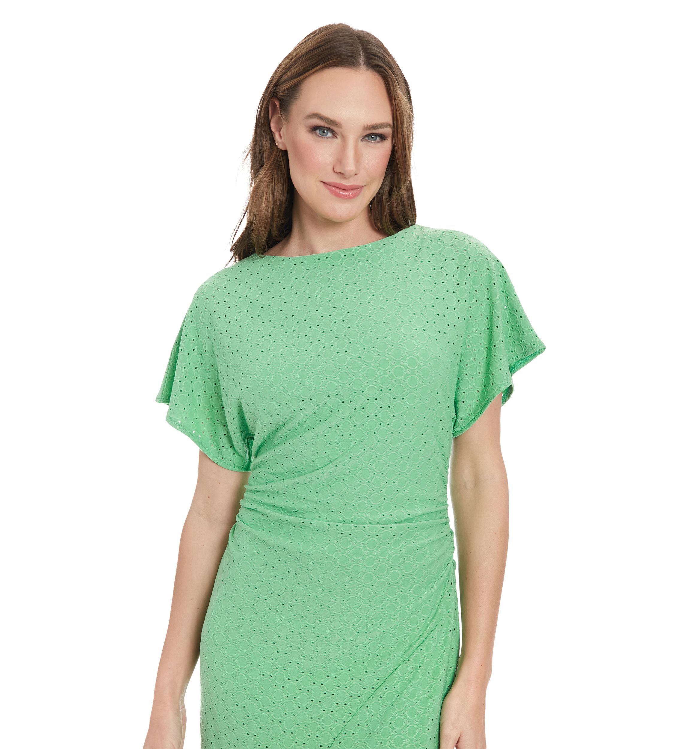 Womens Short Sleeve Crew Neck Eyelet Midi Dress 