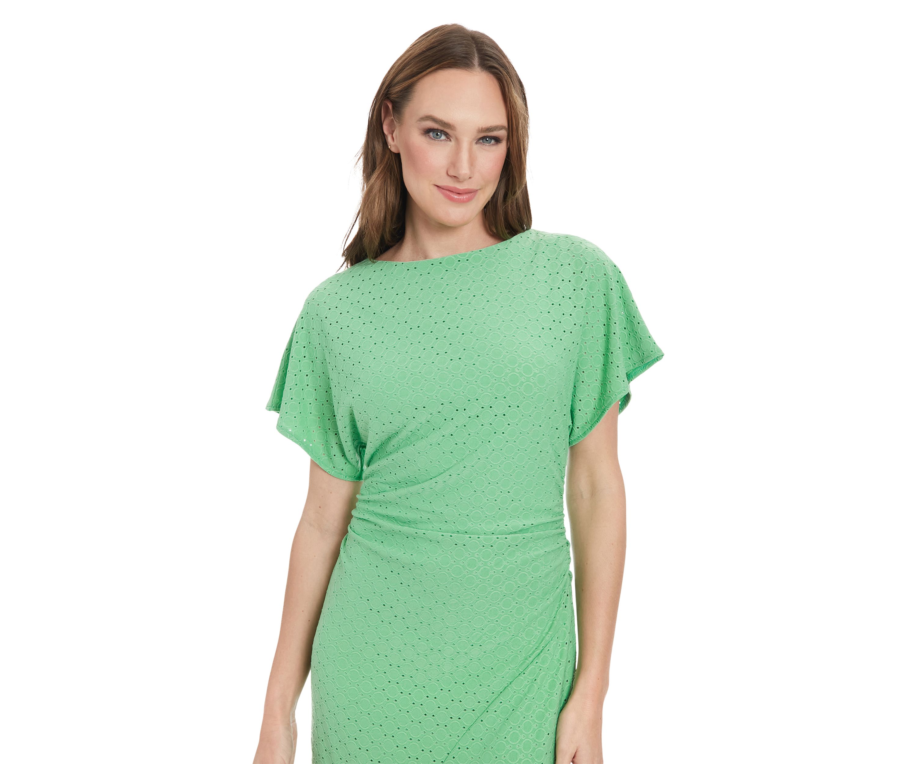 Womens Short Sleeve Crew Neck Eyelet Midi Dress 