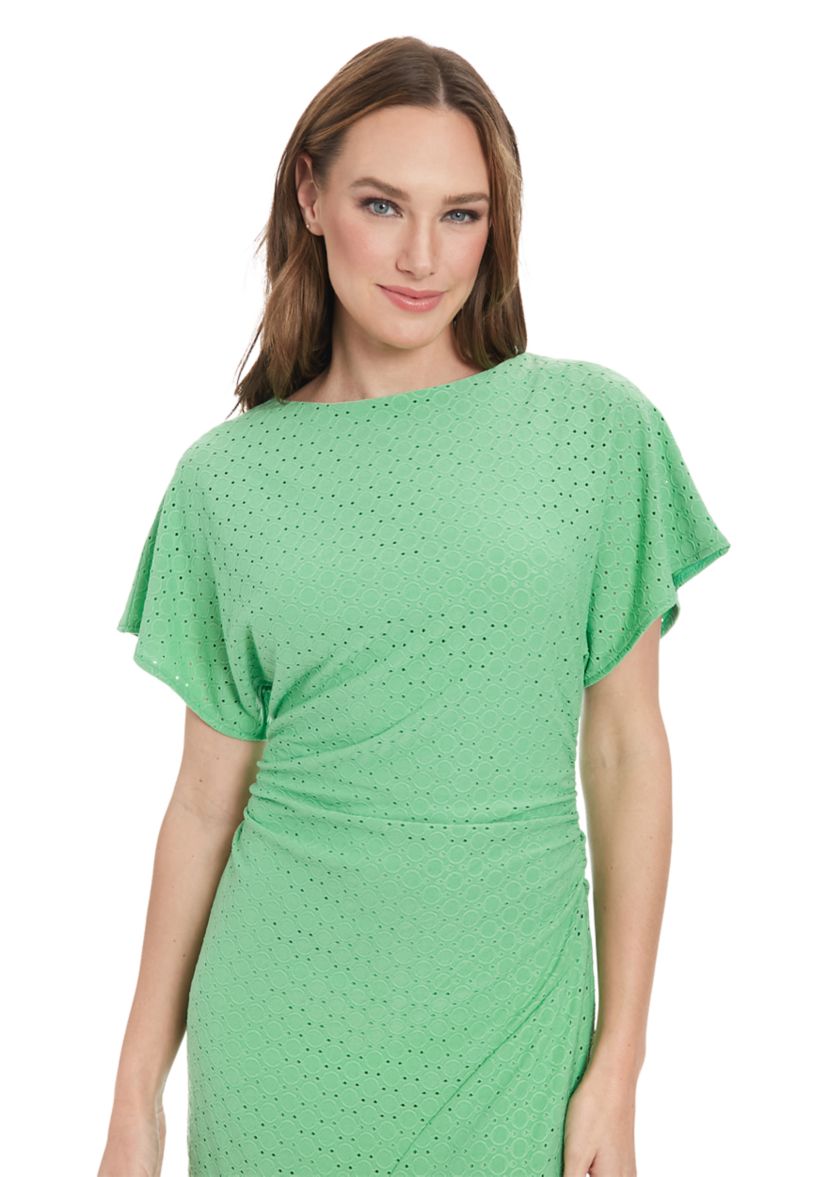 Womens Short Sleeve Crew Neck Eyelet Midi Dress 