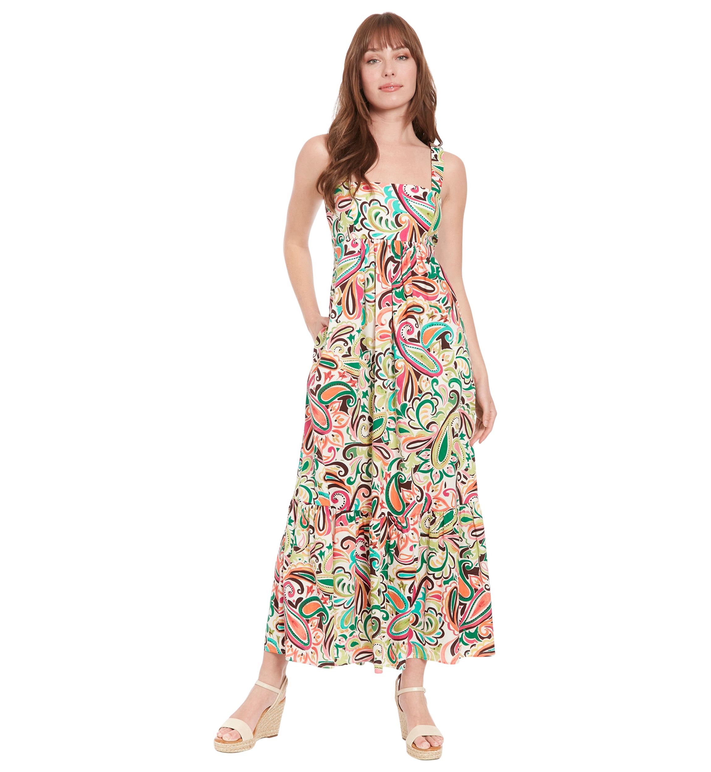 Womens Sleeveless Square Neck Abstract Print Maxi Dress
