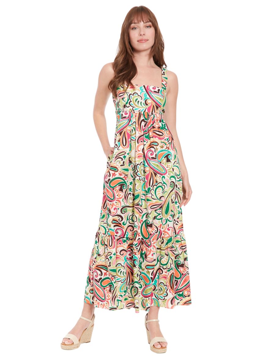 Womens Sleeveless Square Neck Abstract Print Maxi Dress