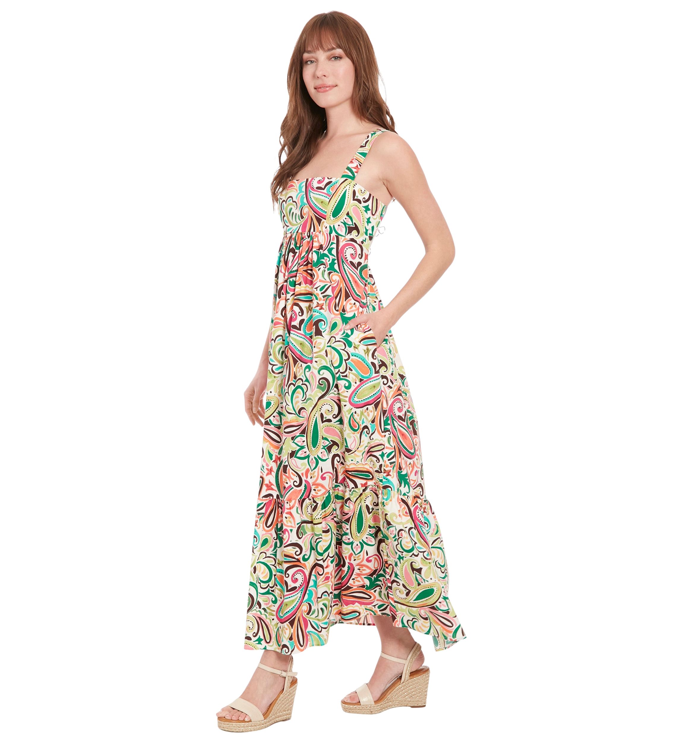 Womens Sleeveless Square Neck Abstract Print Maxi Dress