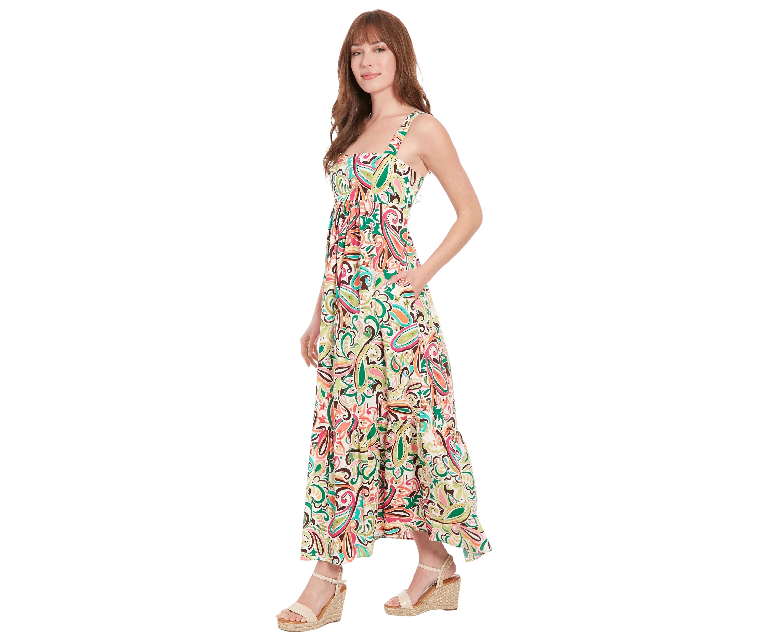 Womens Sleeveless Square Neck Abstract Print Maxi Dress