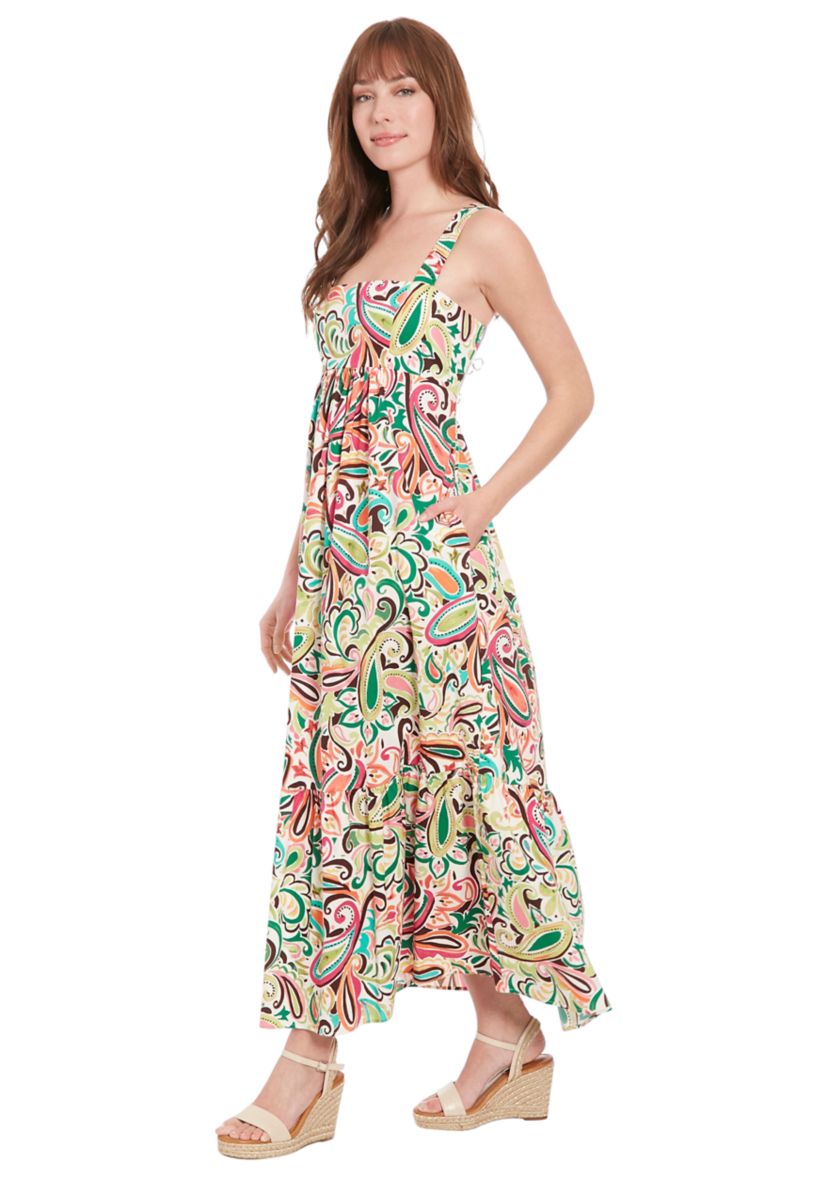 Womens Sleeveless Square Neck Abstract Print Maxi Dress