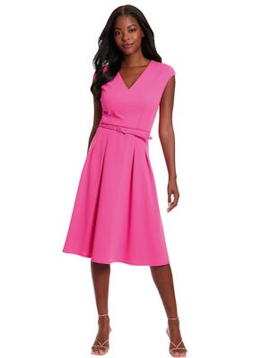 Women's Sleeveless V-Neck Belted Solid Scuba Crepe Fit and Flare Dress