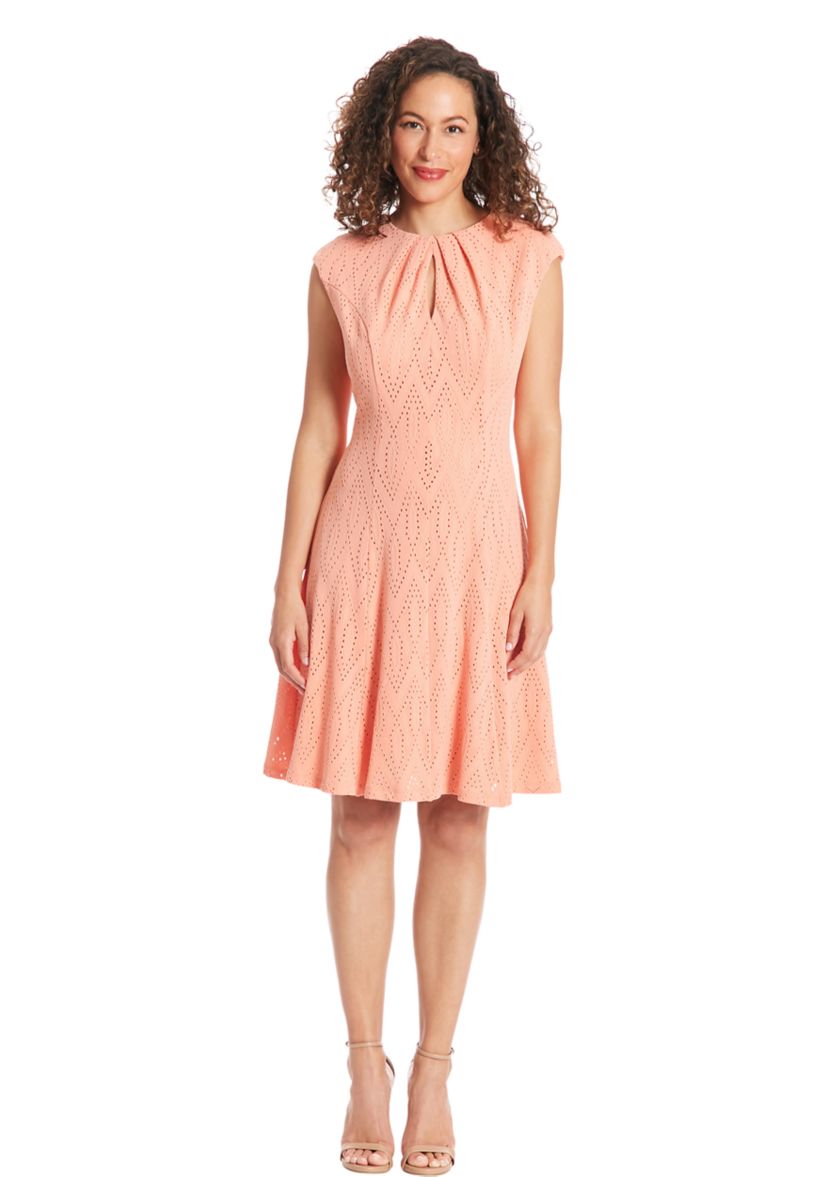Womens Jewel Pleated Keyhole Neck Fit and Flare Dress