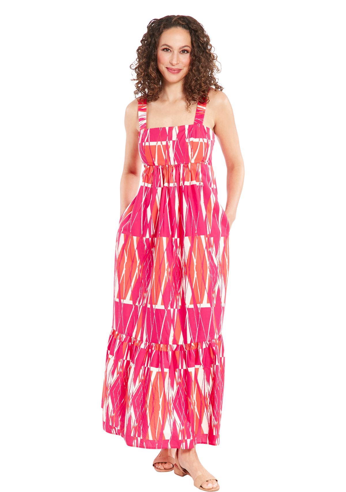 Womens Square Neck Cotton Print Maxi Dress