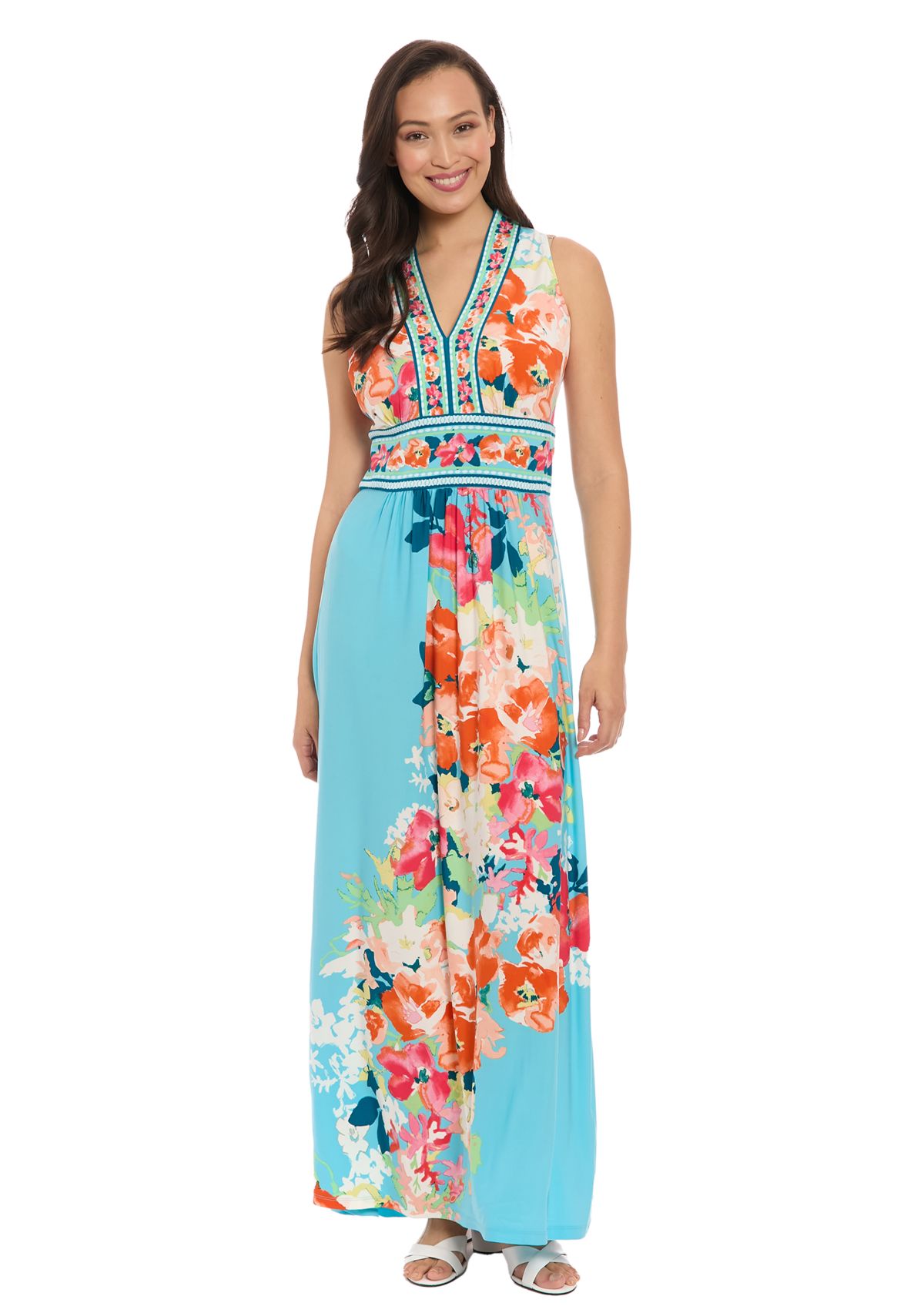 Womens Sleeveless V-Neck Floral Print Maxi Dress