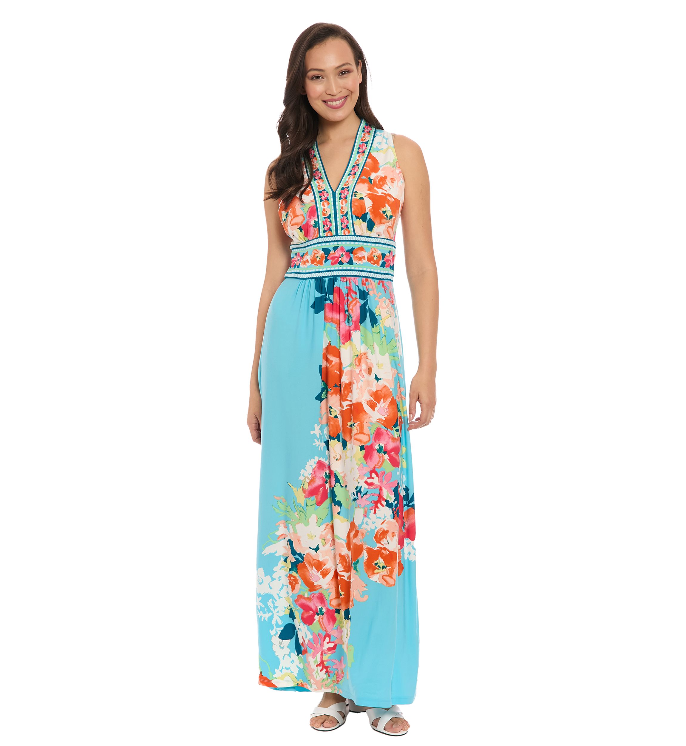 Womens Sleeveless V-Neck Floral Print Maxi Dress