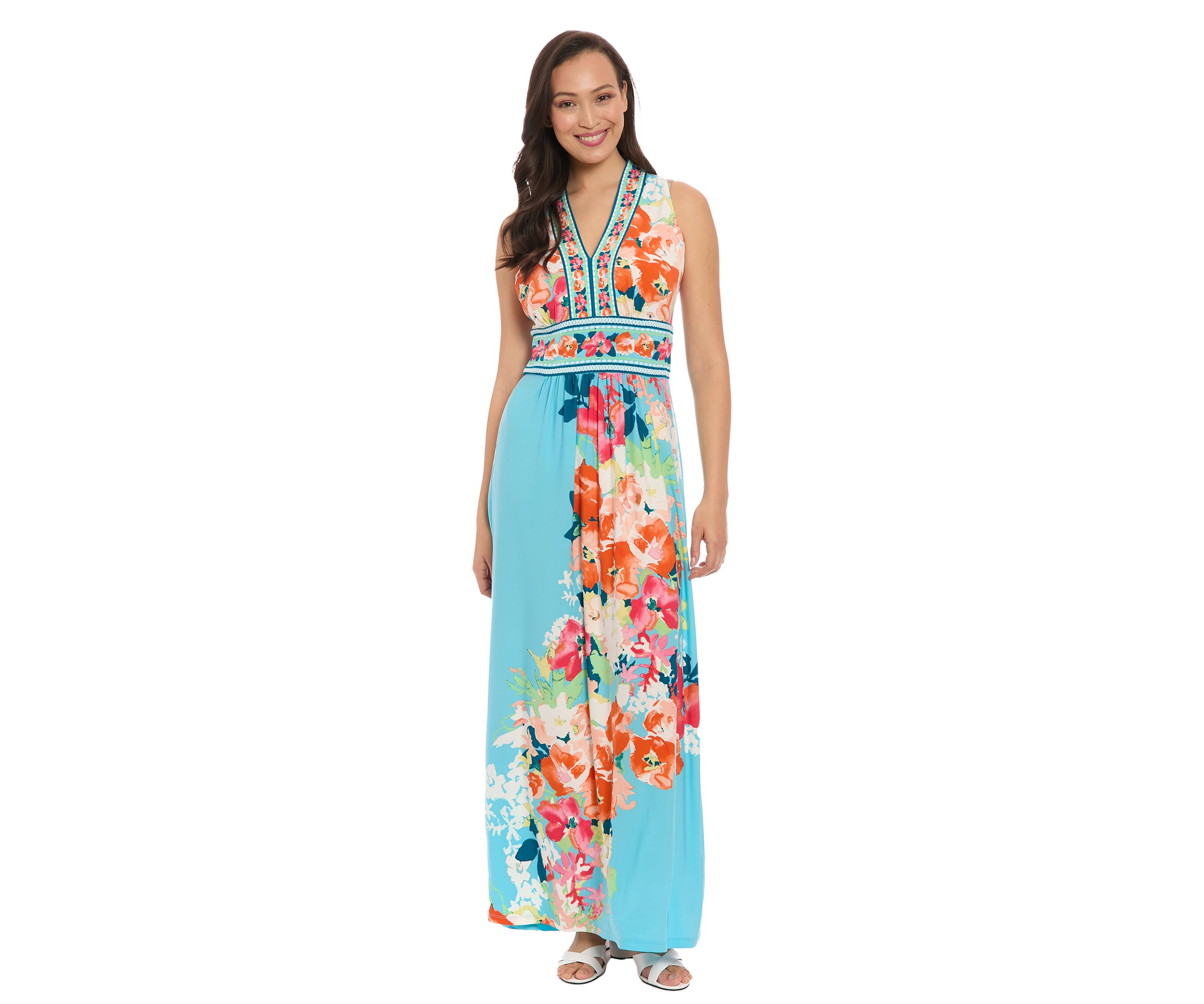 Womens Sleeveless V-Neck Floral Print Maxi Dress