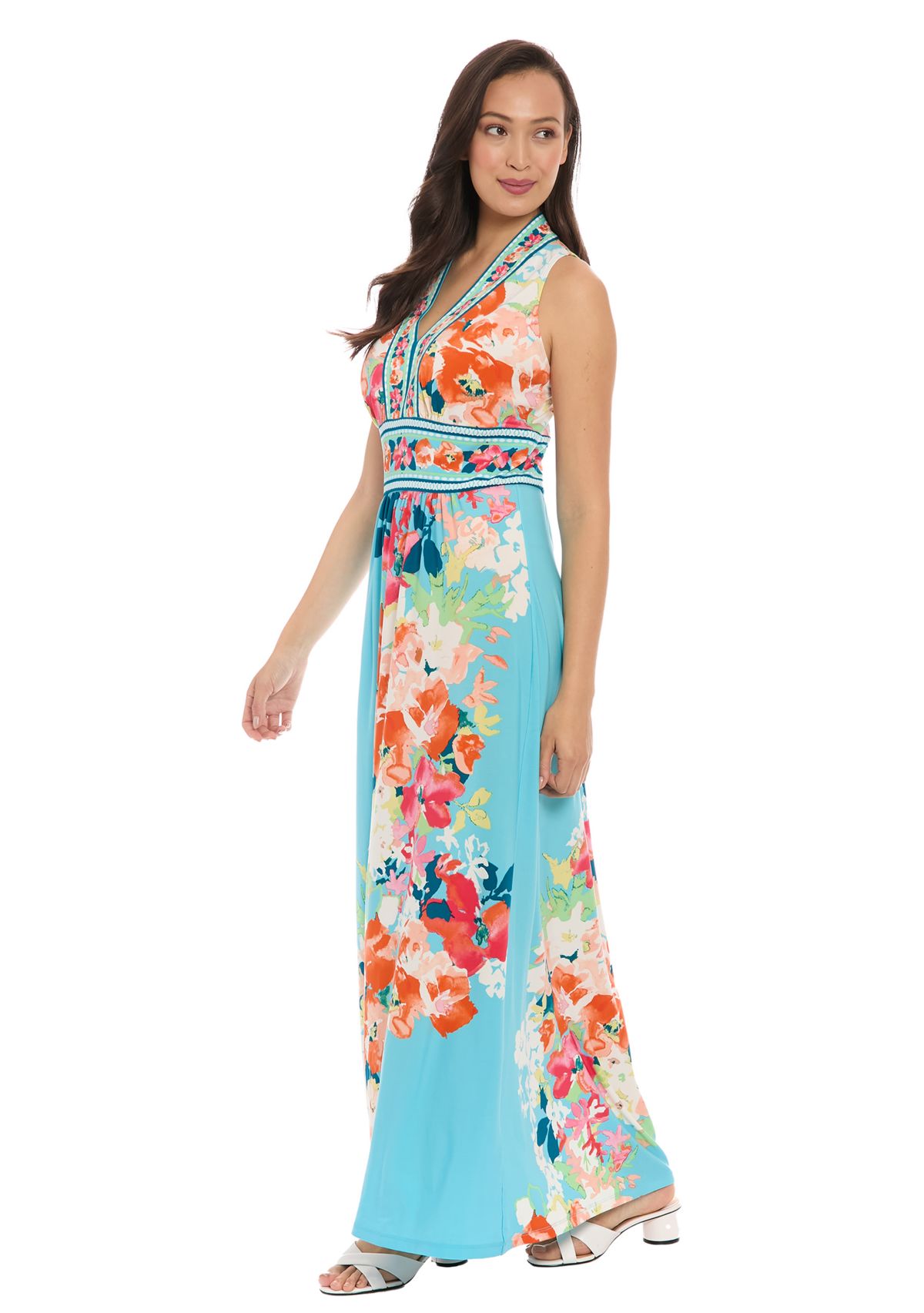 Womens Sleeveless V-Neck Floral Print Maxi Dress