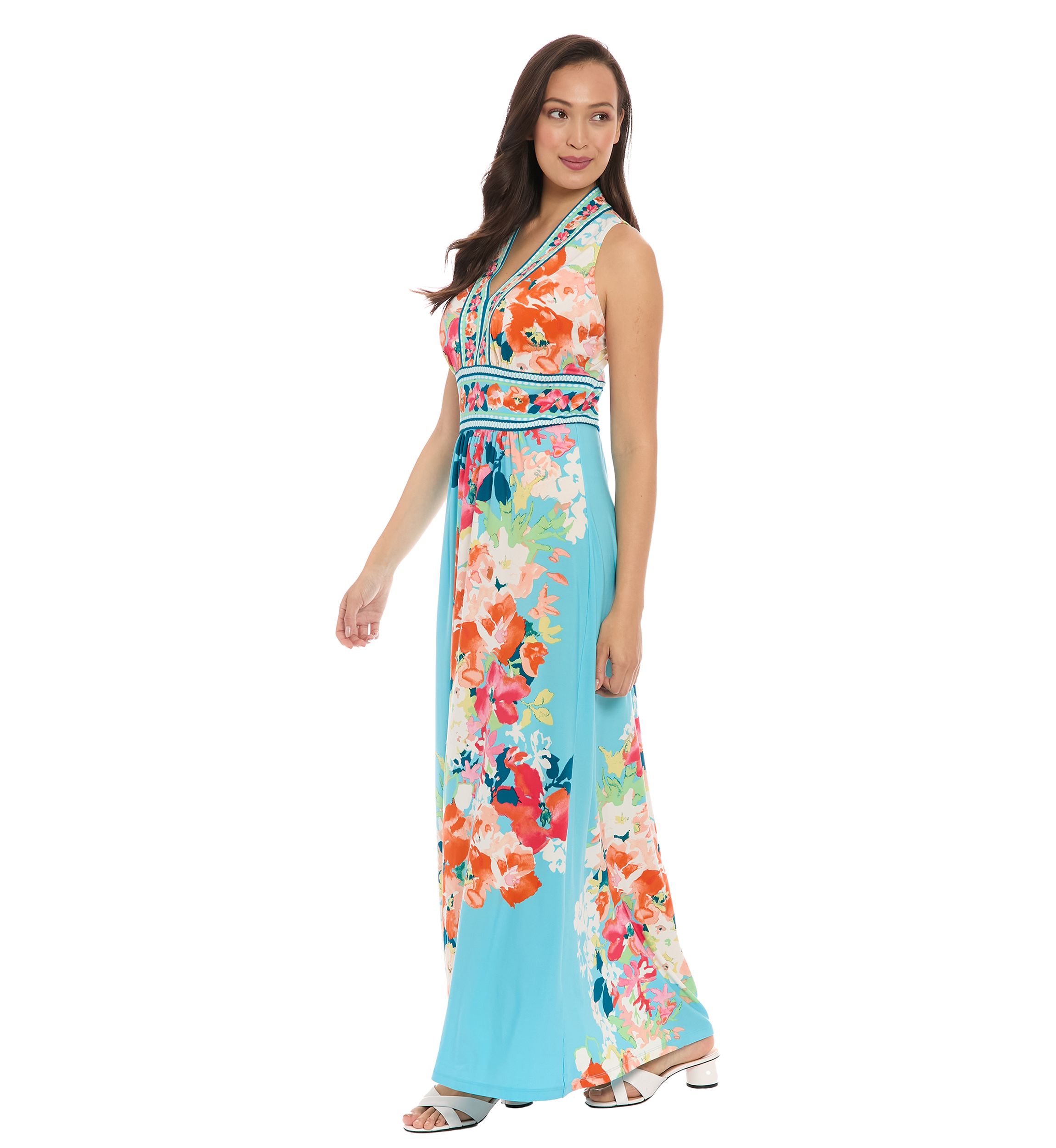 Womens Sleeveless V-Neck Floral Print Maxi Dress