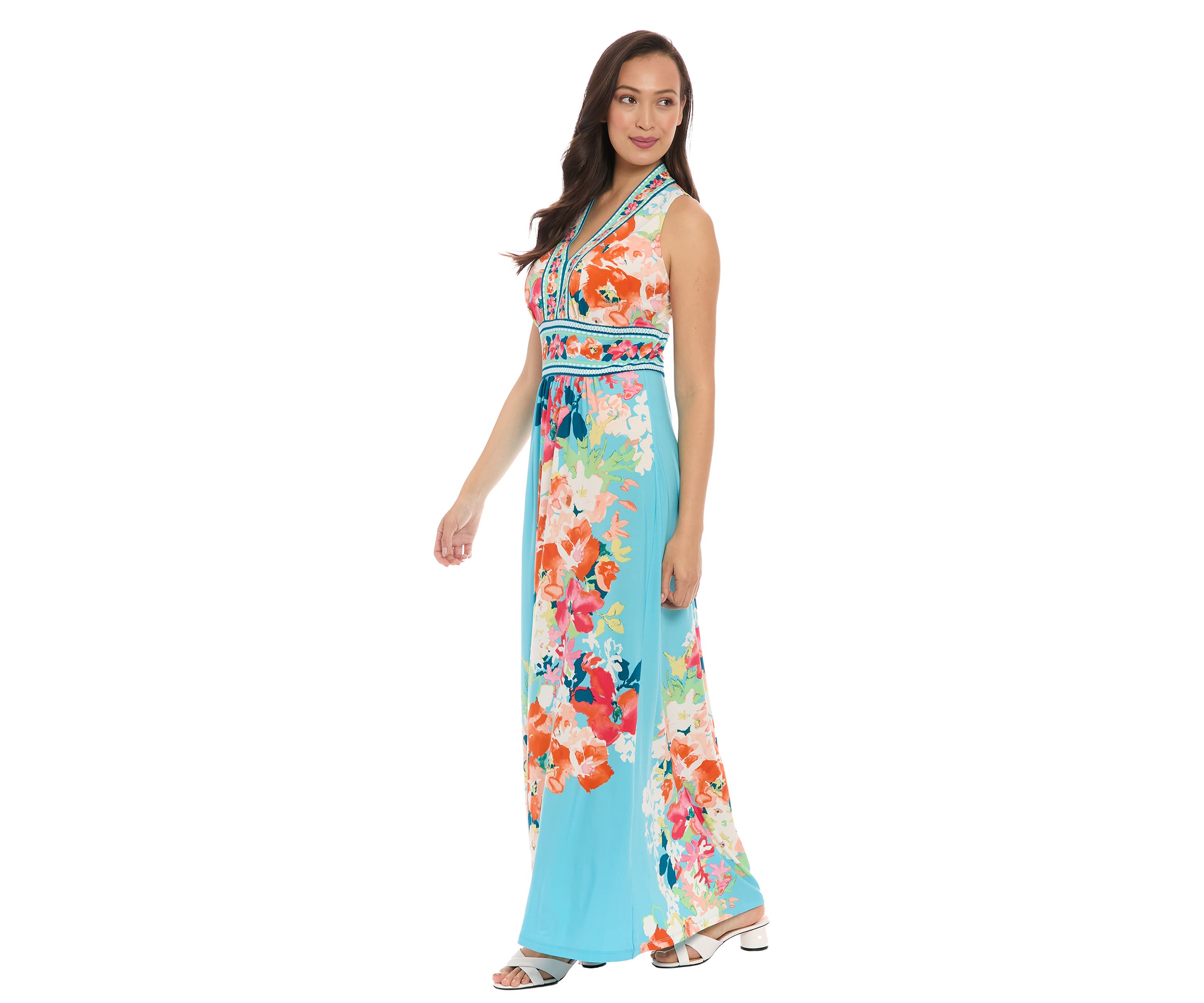 Womens Sleeveless V-Neck Floral Print Maxi Dress