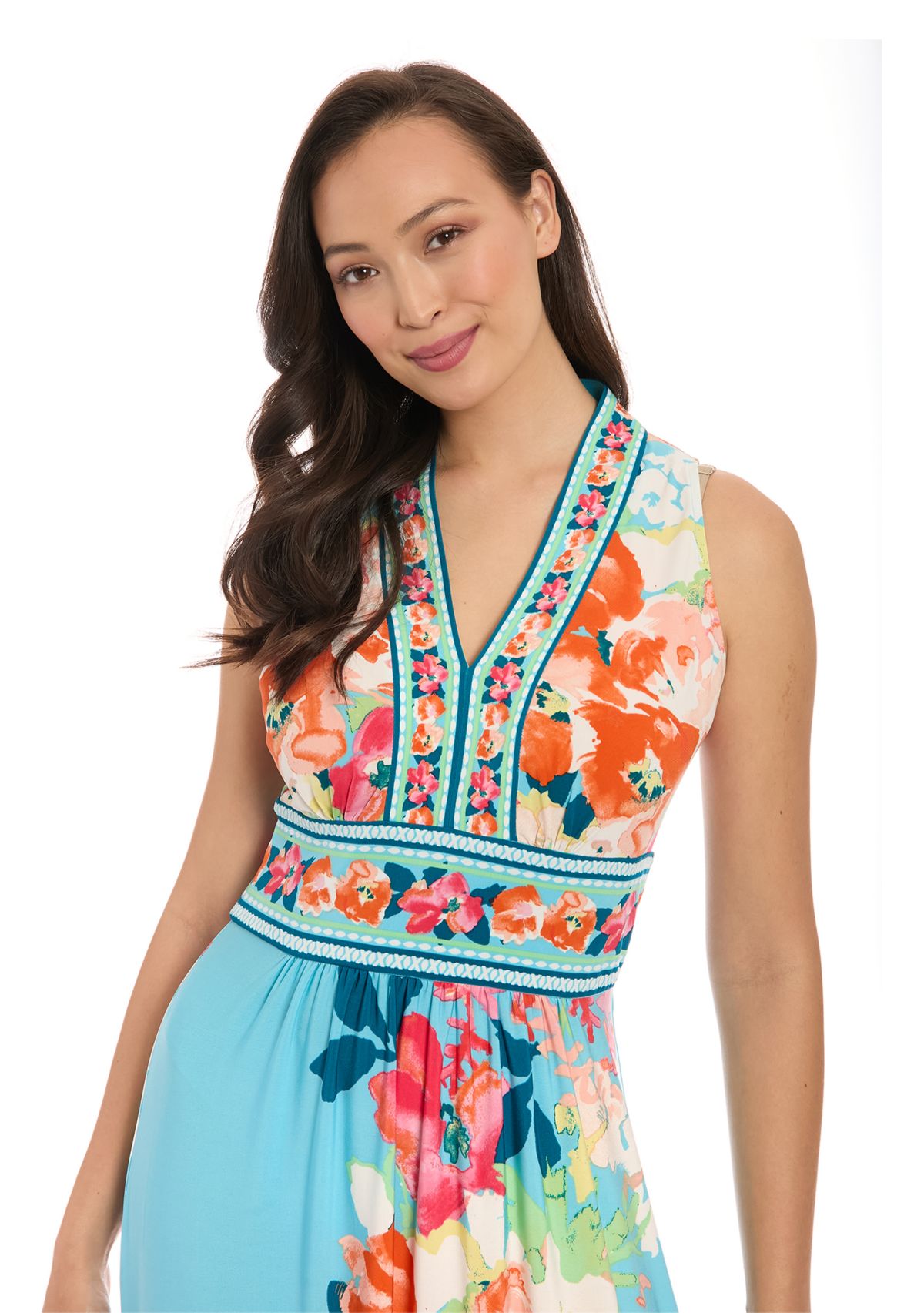 Womens Sleeveless V-Neck Floral Print Maxi Dress