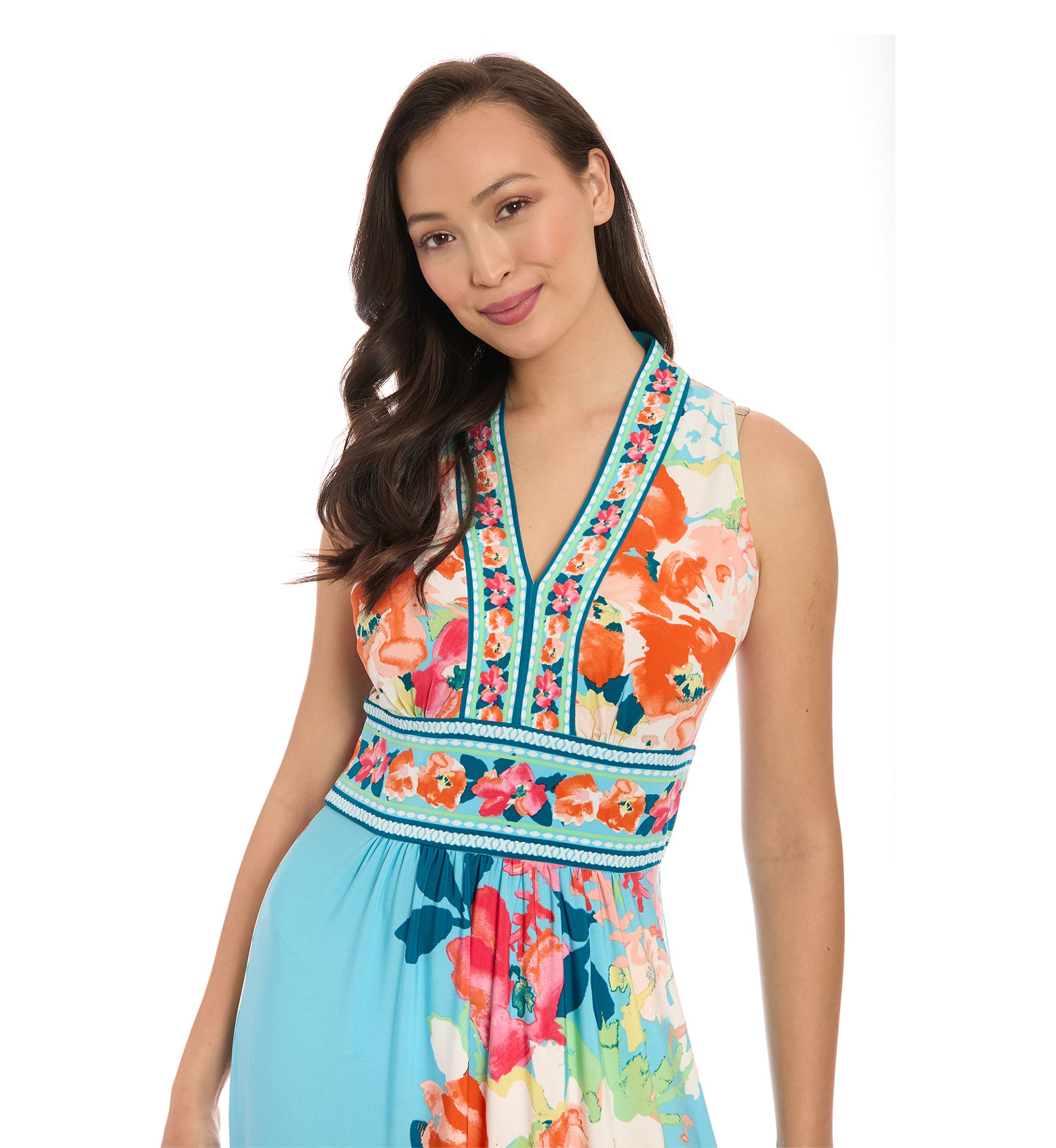 Womens Sleeveless V-Neck Floral Print Maxi Dress