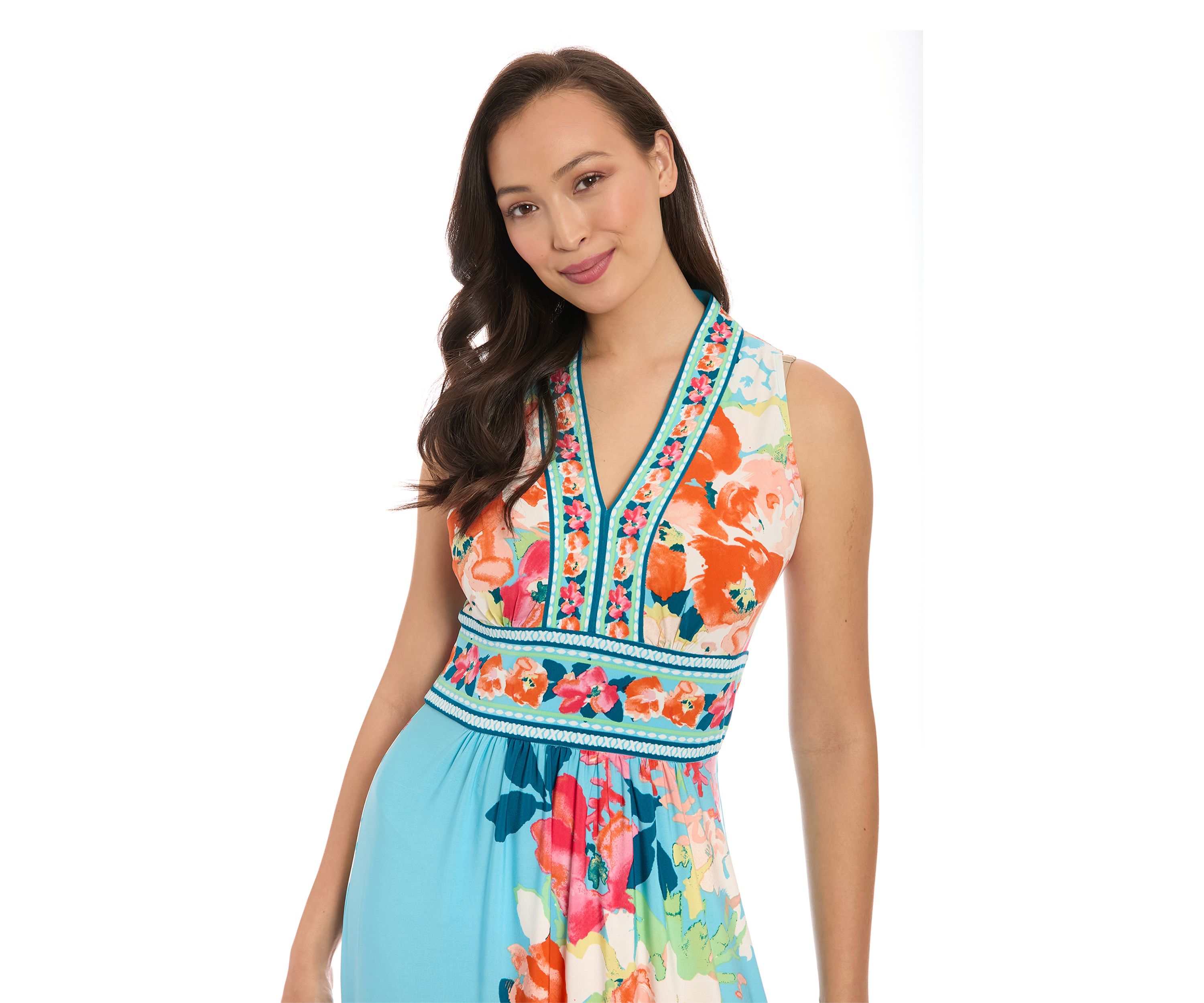 Womens Sleeveless V-Neck Floral Print Maxi Dress