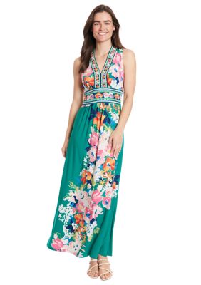 Women's Sleeveless Floral Printed V-Neck Fit and Flare Maxi Dress