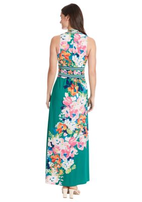 Women's Sleeveless Floral Printed V-Neck Fit and Flare Maxi Dress