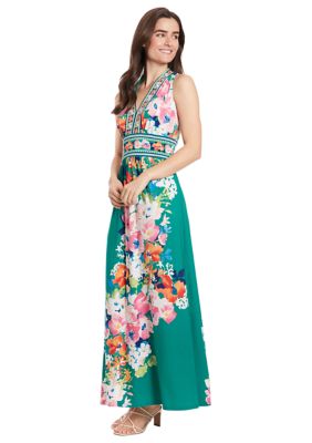 Women's Sleeveless Floral Printed V-Neck Fit and Flare Maxi Dress