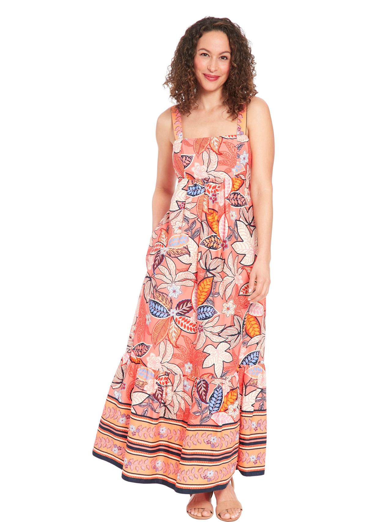 Womens Square Neck Cotton Print Maxi Dress