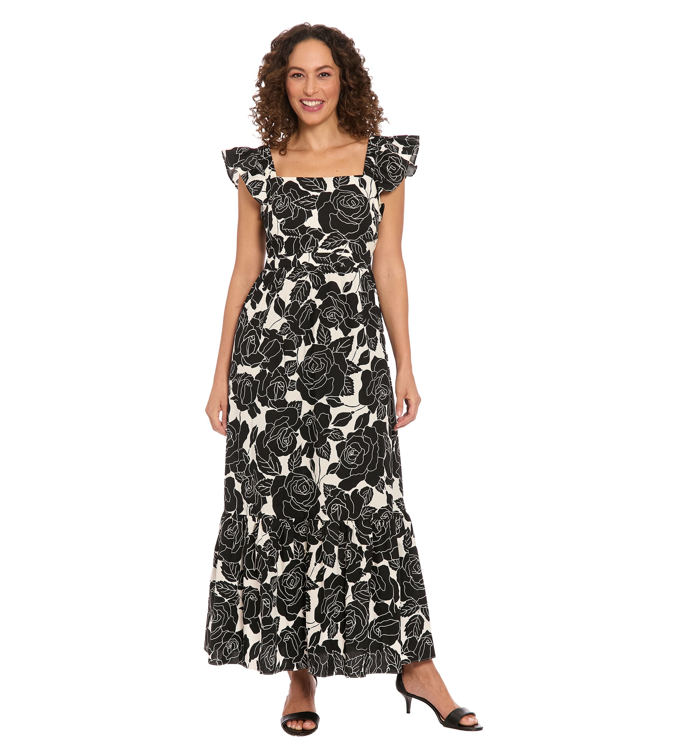 Womens Short Sleeve Square Neck Floral Print Maxi Dress