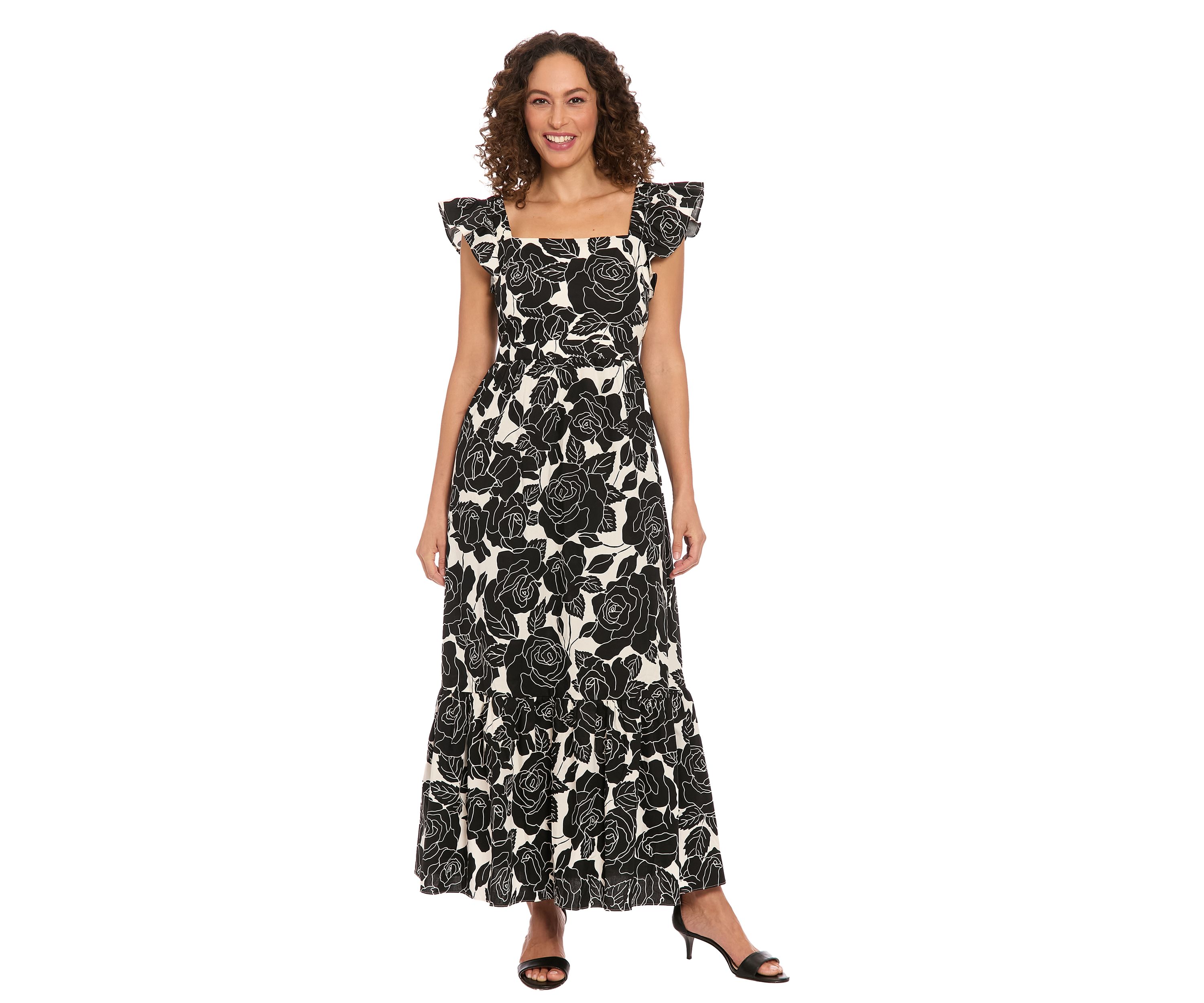 Womens Short Sleeve Square Neck Floral Print Maxi Dress