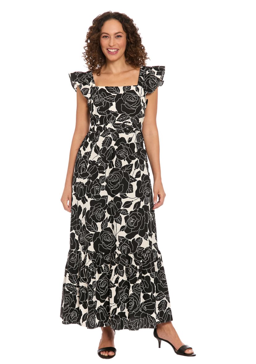 Womens Short Sleeve Square Neck Floral Print Maxi Dress