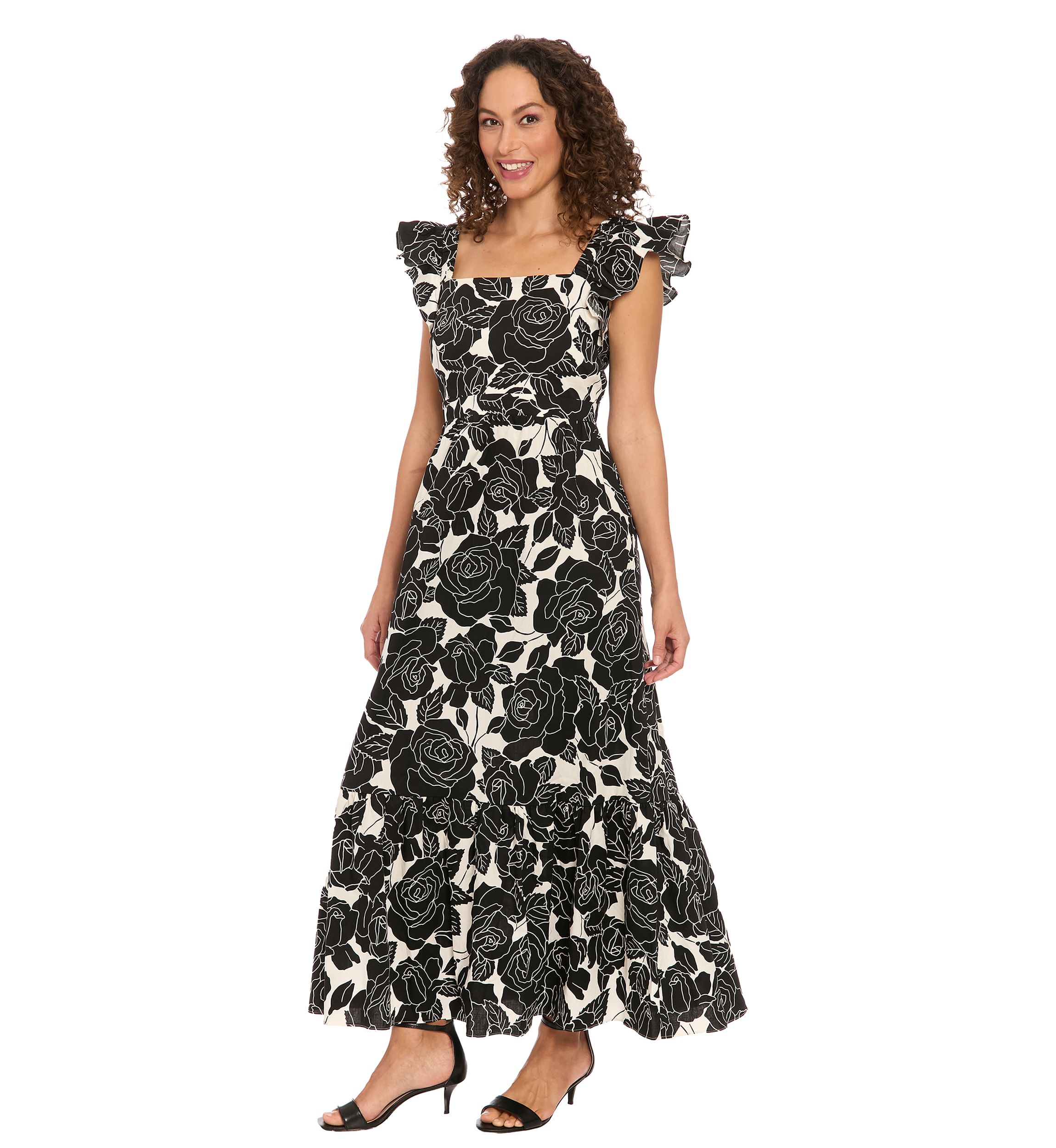 Womens Short Sleeve Square Neck Floral Print Maxi Dress