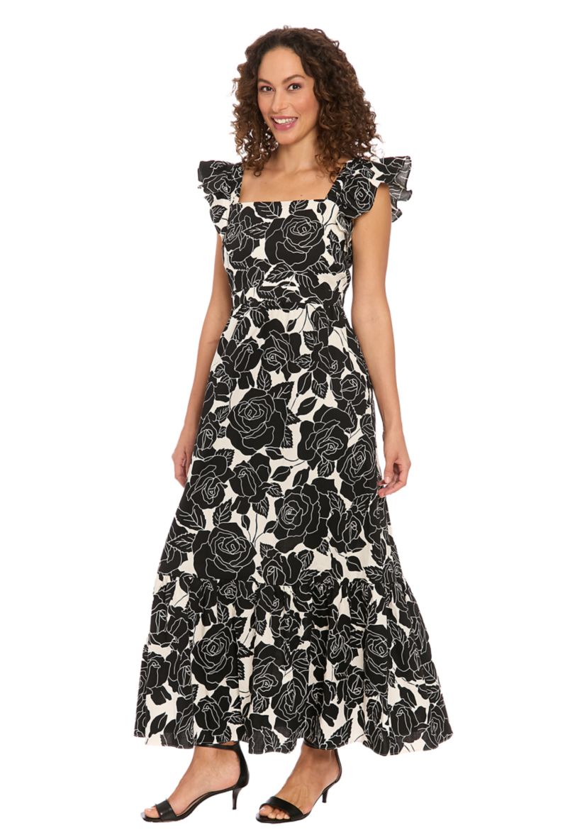 Womens Short Sleeve Square Neck Floral Print Maxi Dress