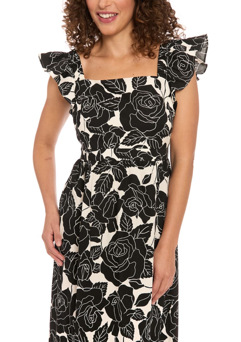 Womens Short Sleeve Square Neck Floral Print Maxi Dress