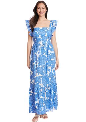 Women's Flutter Sleeve Square Neck Leaf Print Maxi Dress