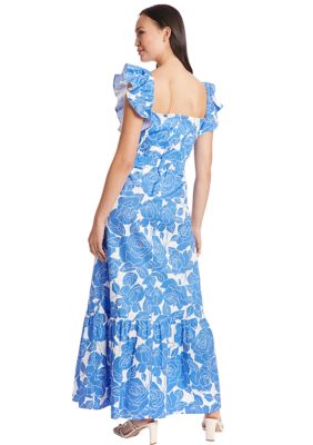 Women's Flutter Sleeve Square Neck Leaf Print Maxi Dress