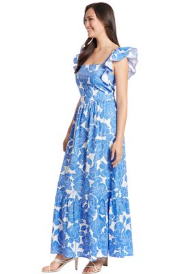 Women's Flutter Sleeve Square Neck Leaf Print Maxi Dress