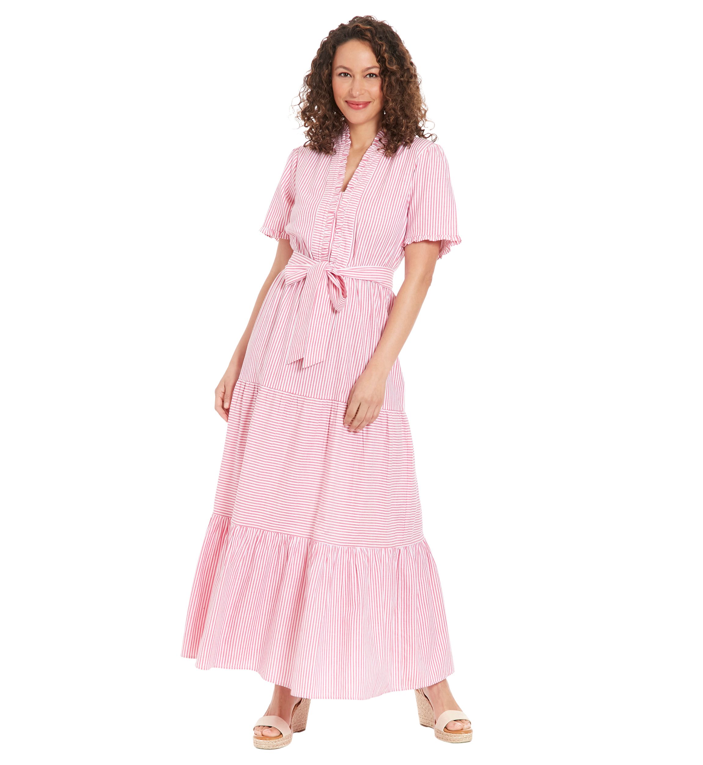 Womens Ruffle Neck Tiered Maxi Dress with Sash