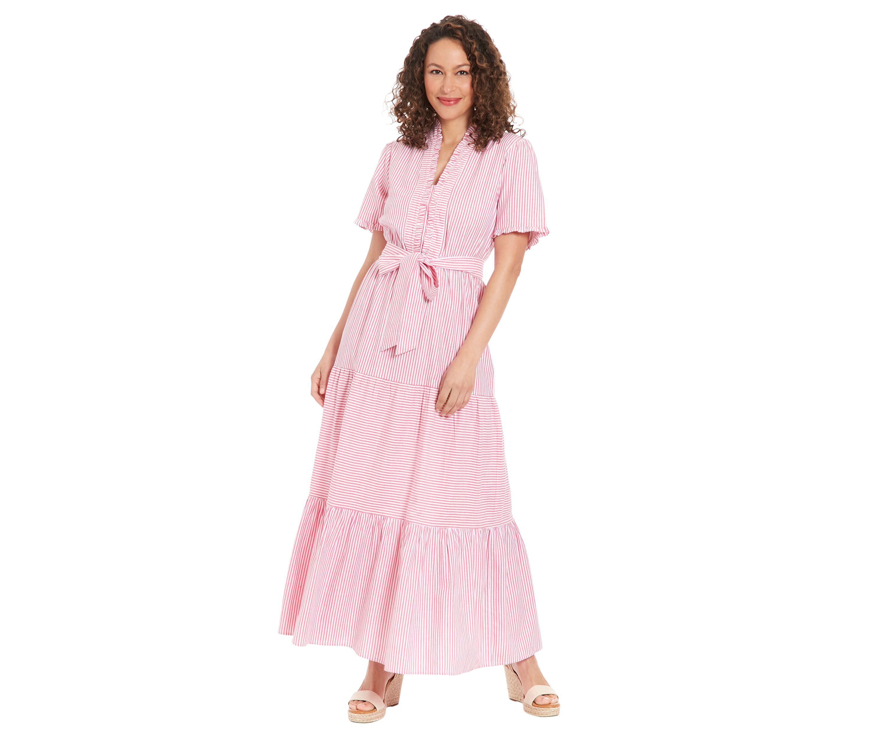 Womens Ruffle Neck Tiered Maxi Dress with Sash